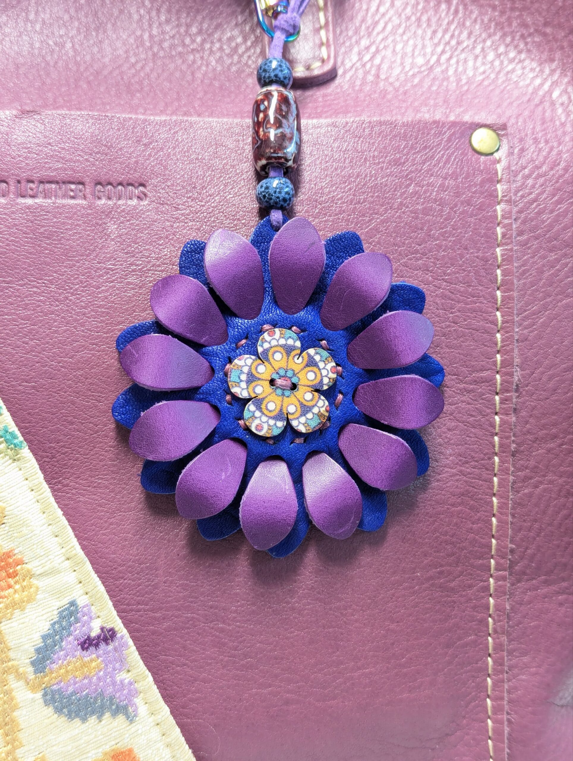 Flower Power Button Leather Purse Charm-#365