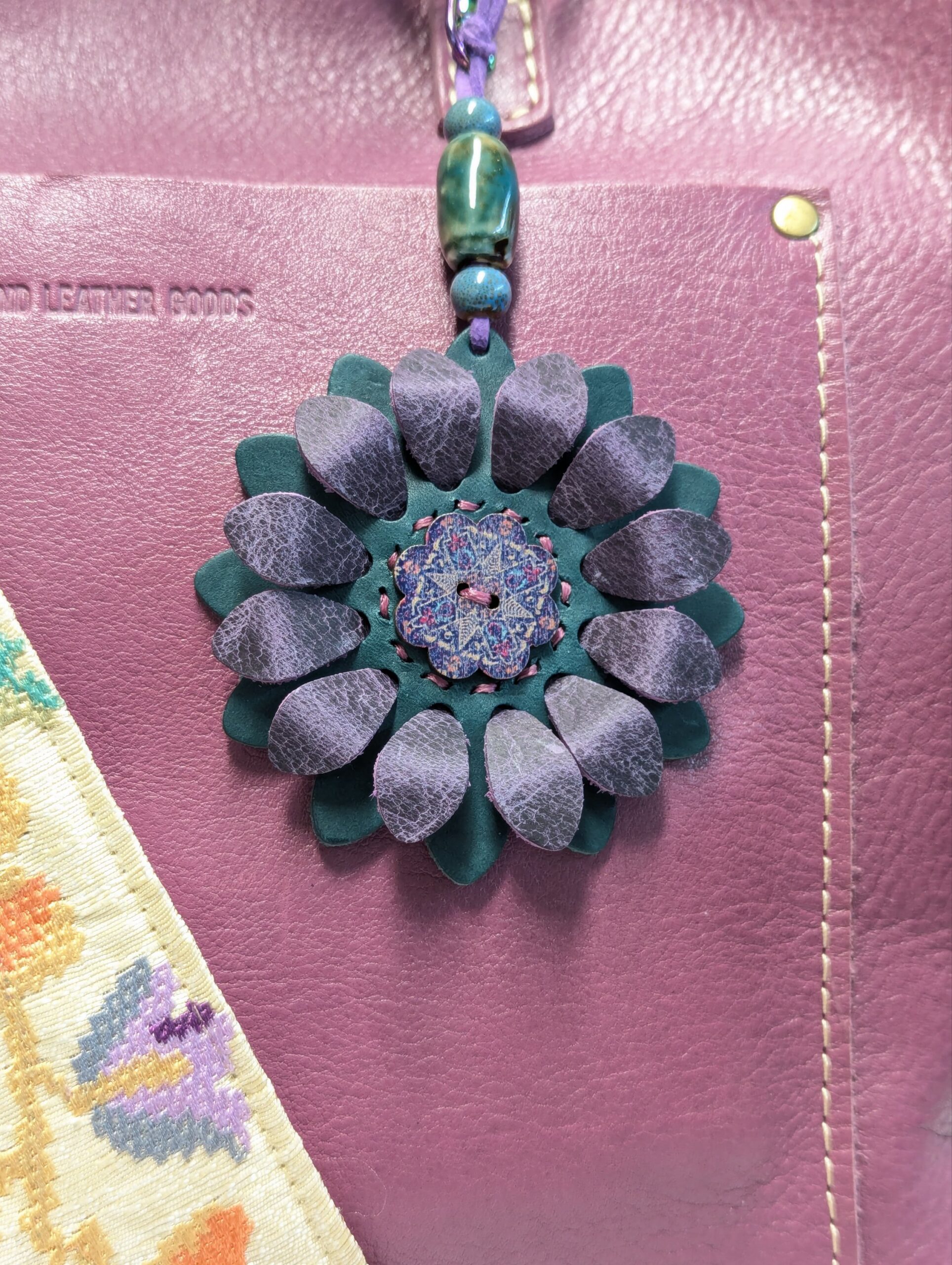 Flower Power Button Leather Purse Charm-#370