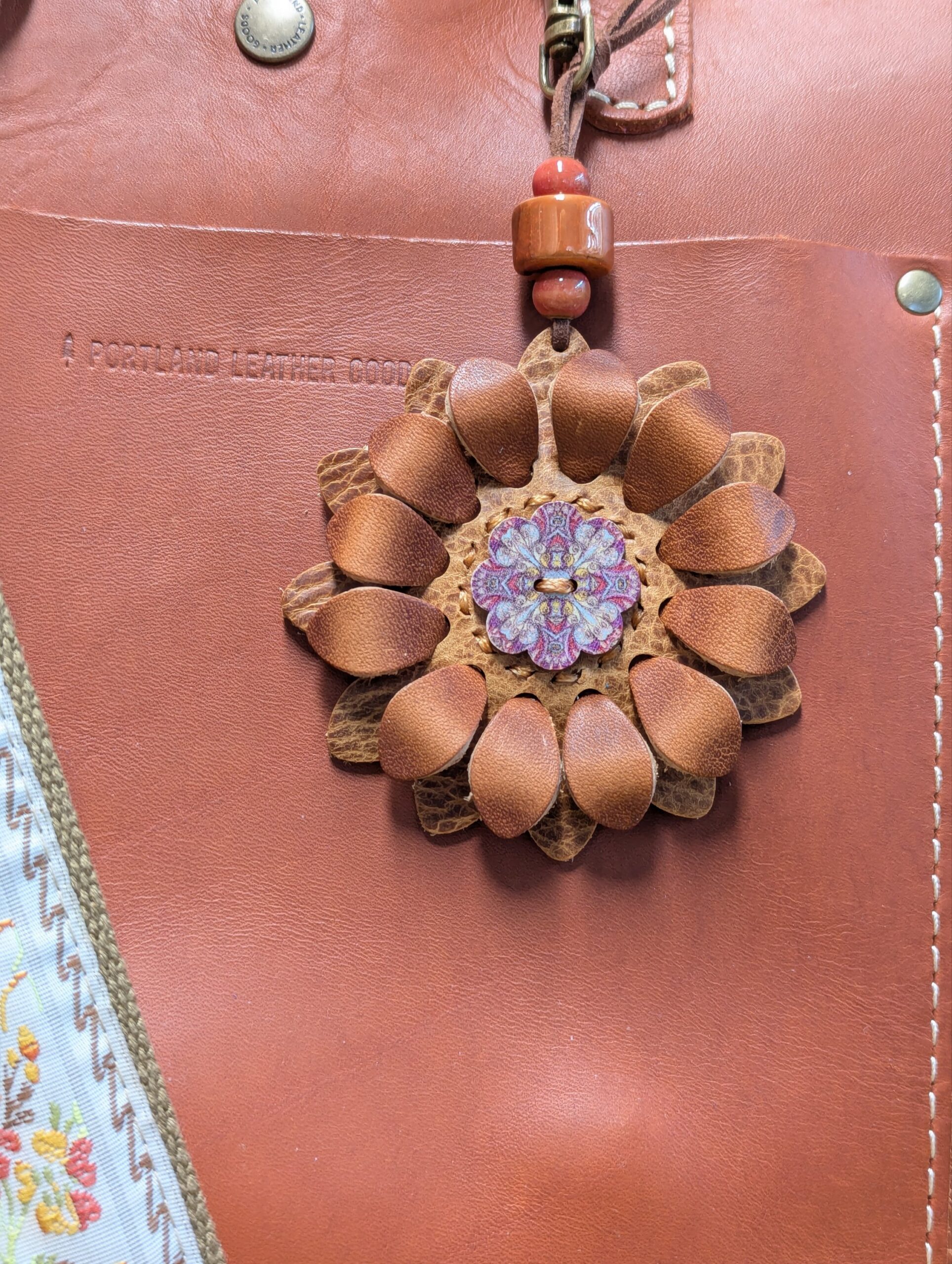 Flower Power Button Leather Purse Charm-#375