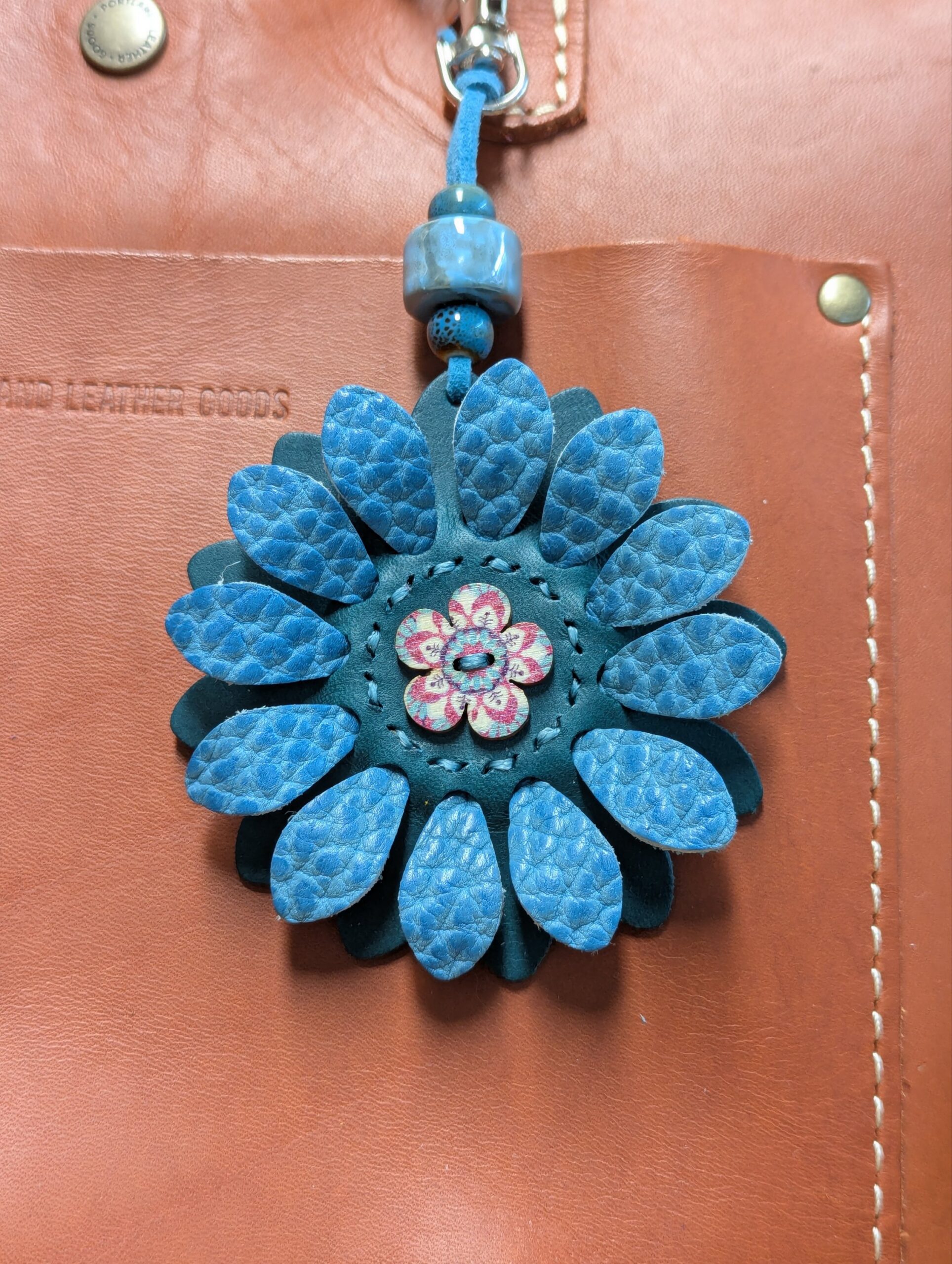 Flower Power Button Leather Purse Charm-#376