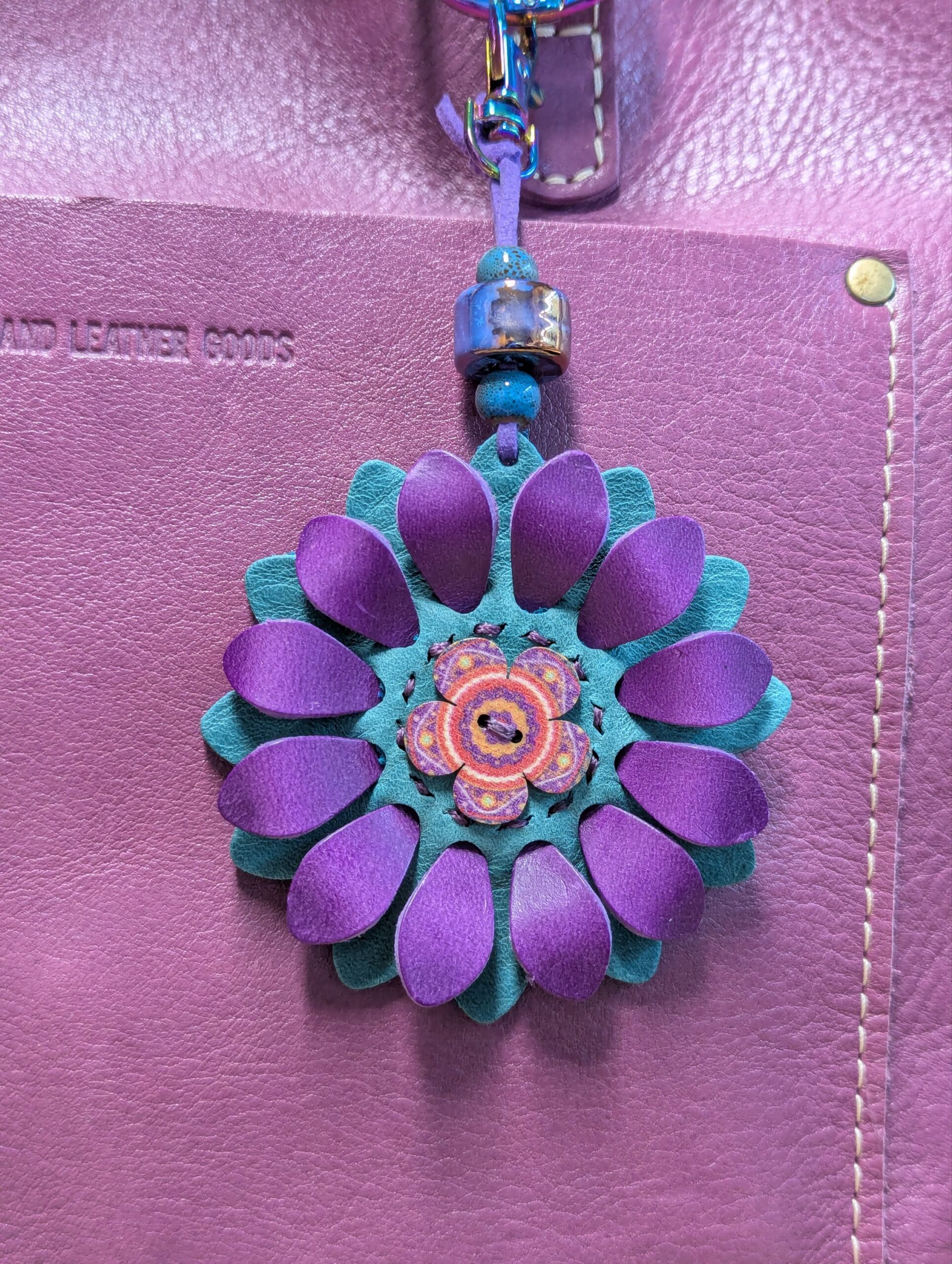 Flower Power Button Leather Purse Charm-#378