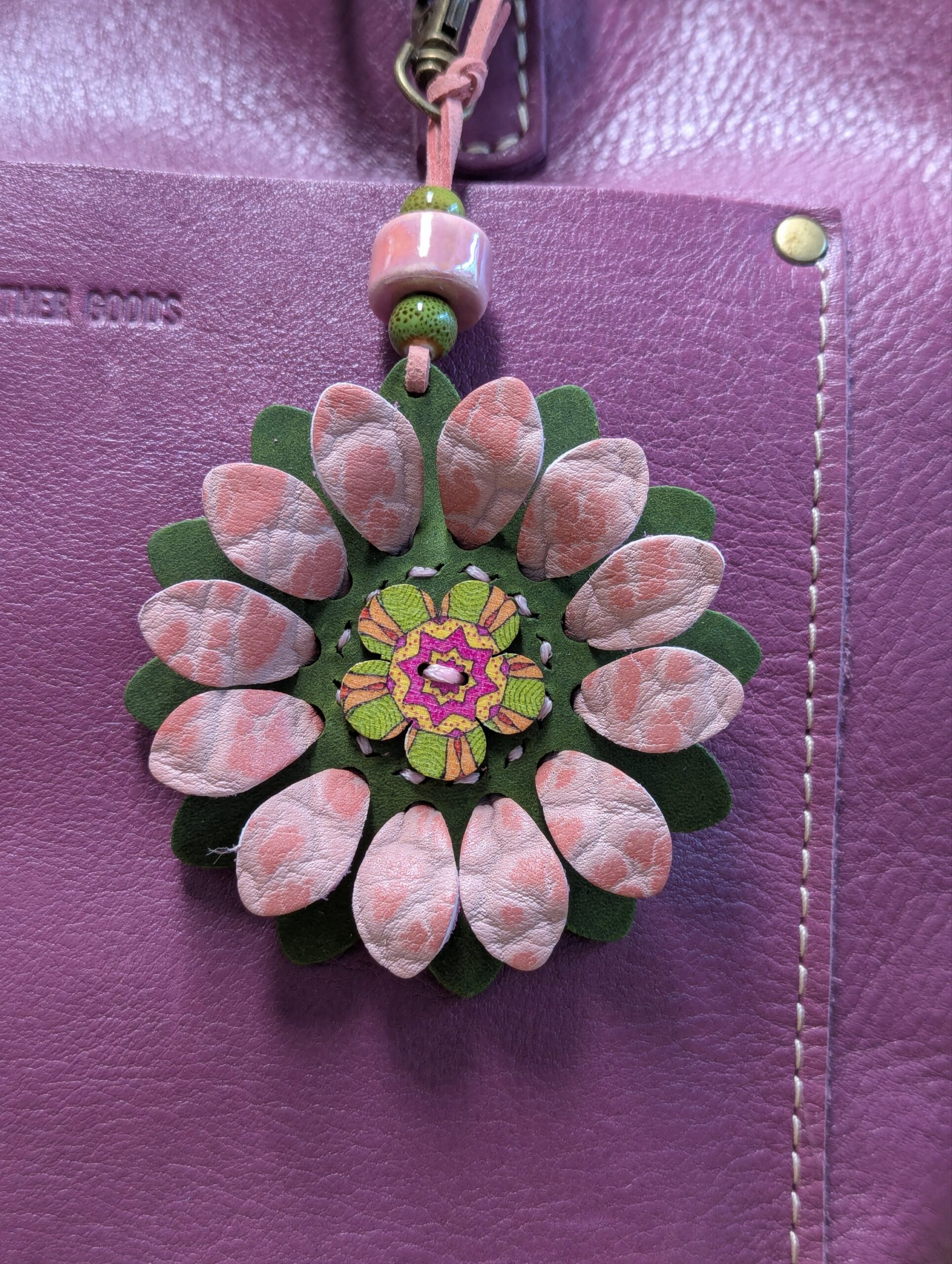 Flower Power Button Leather Purse Charm-#379