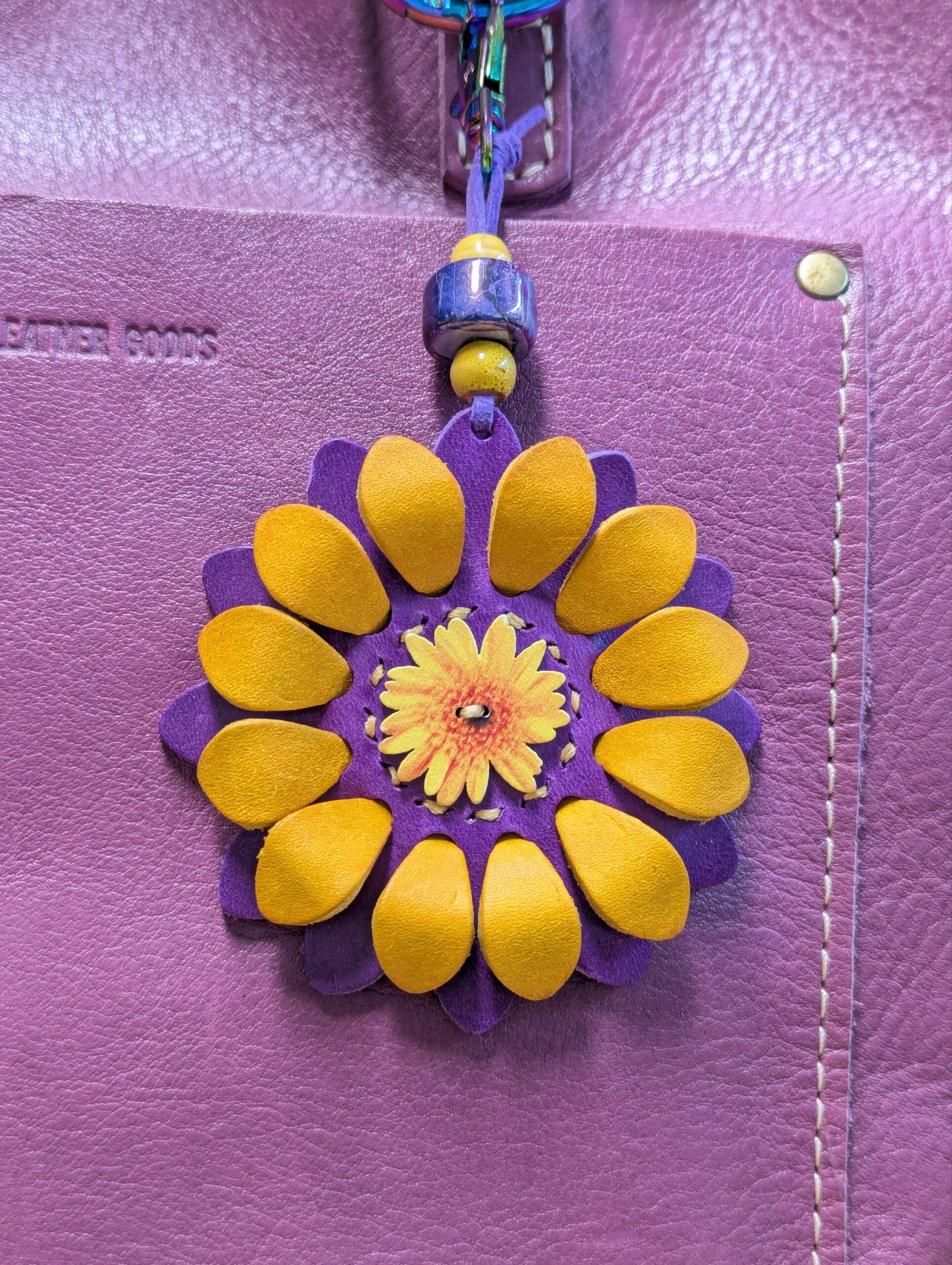 Flower Power Button Leather Purse Charm-#381