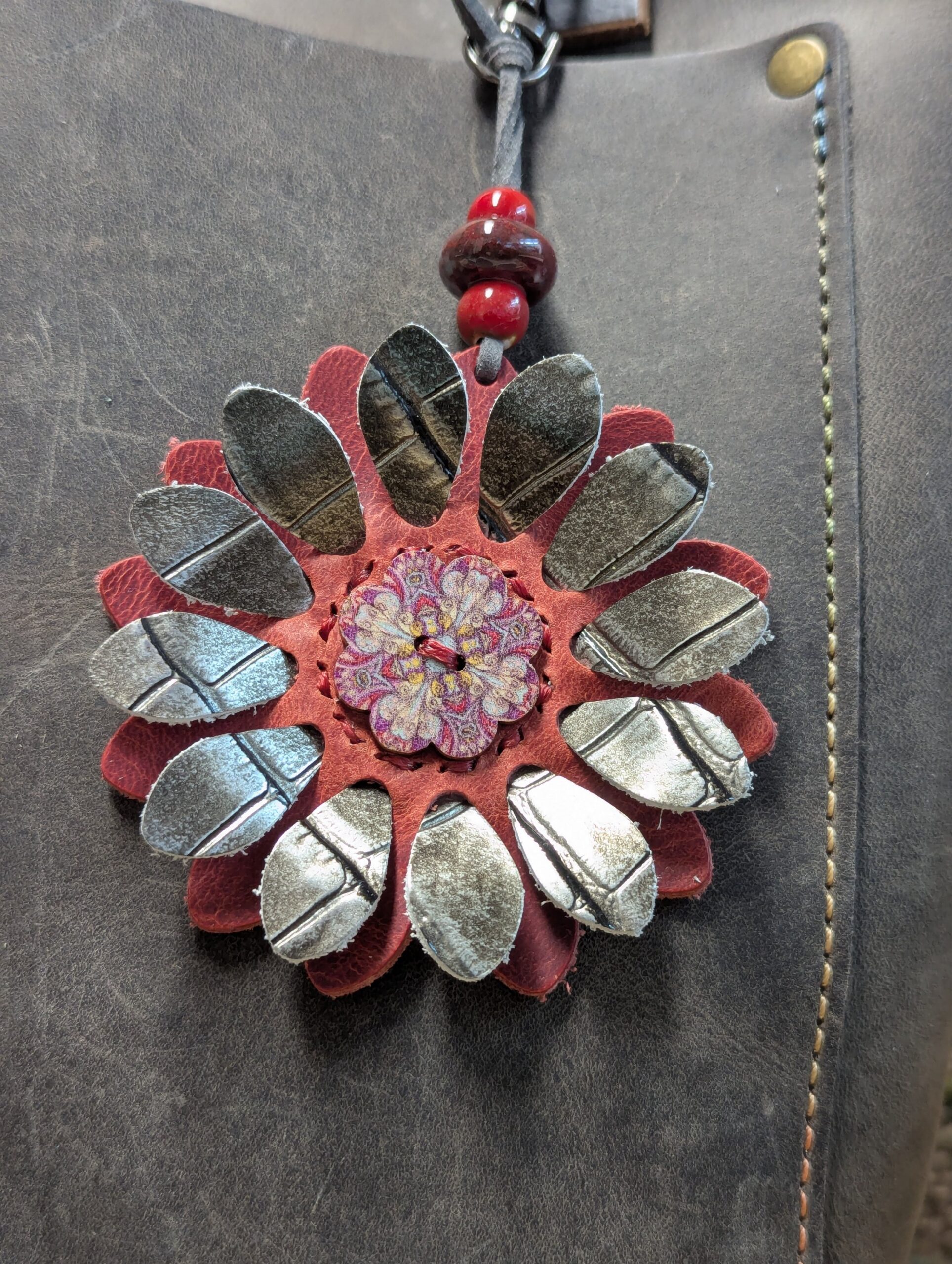 Flower Power Button Leather Purse Charm-#382