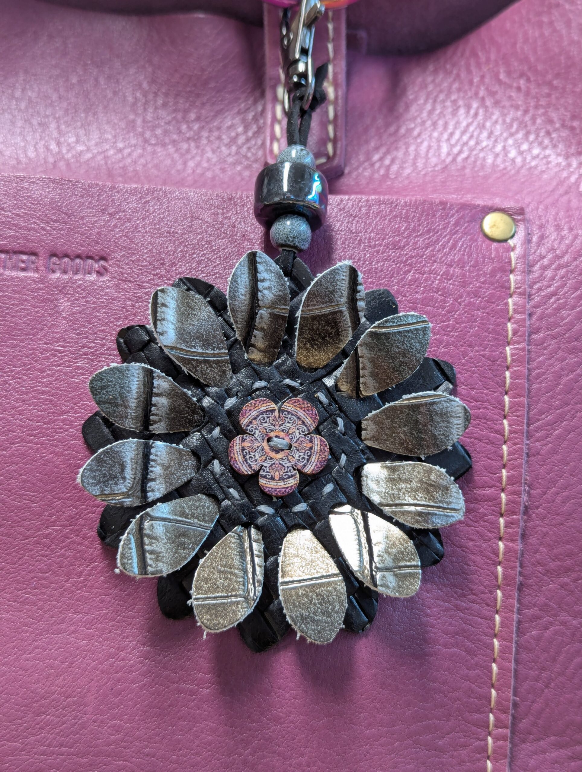 Flower Power Button Leather Purse Charm-#380