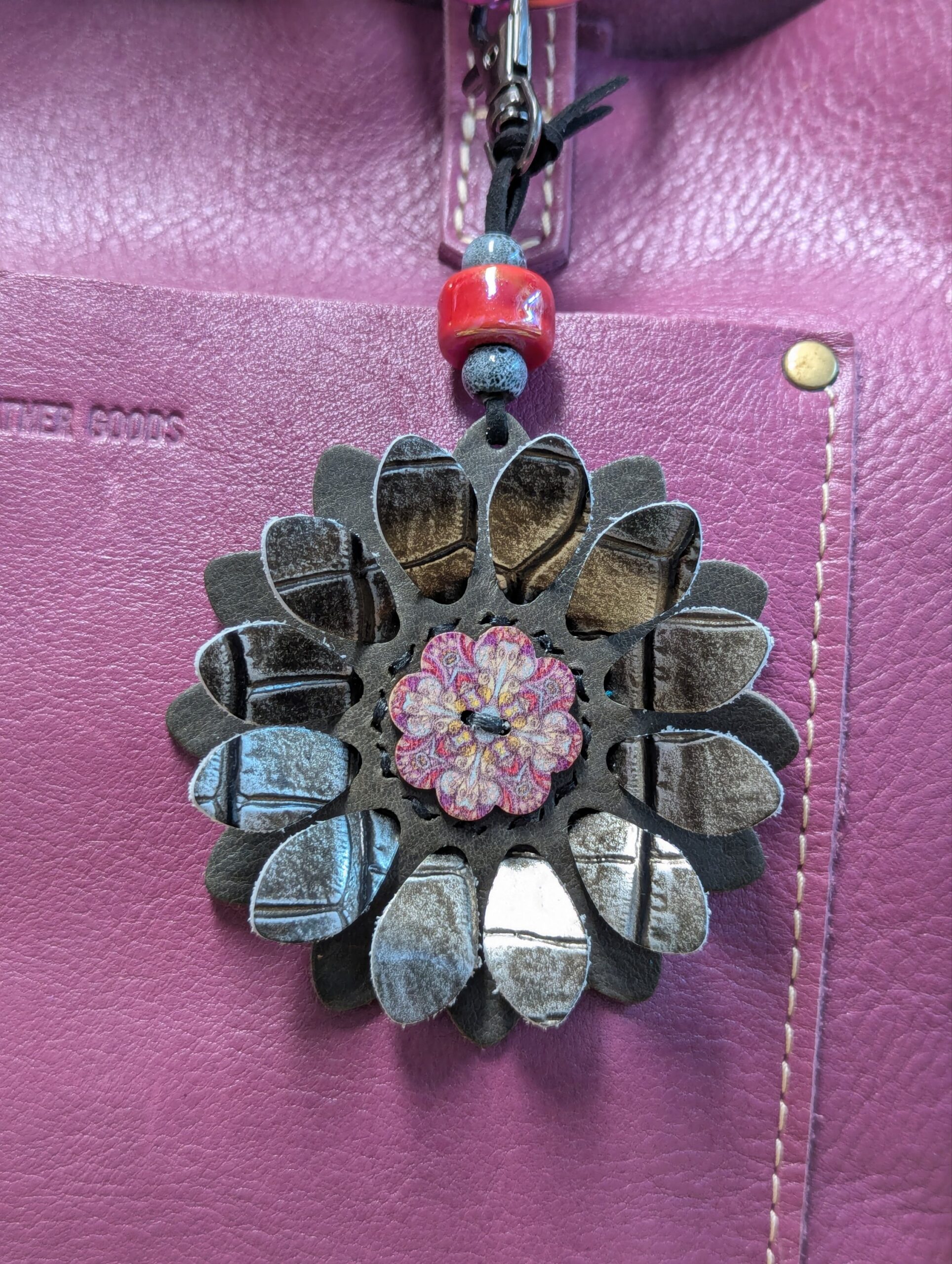Flower Power Button Leather Purse Charm-#383