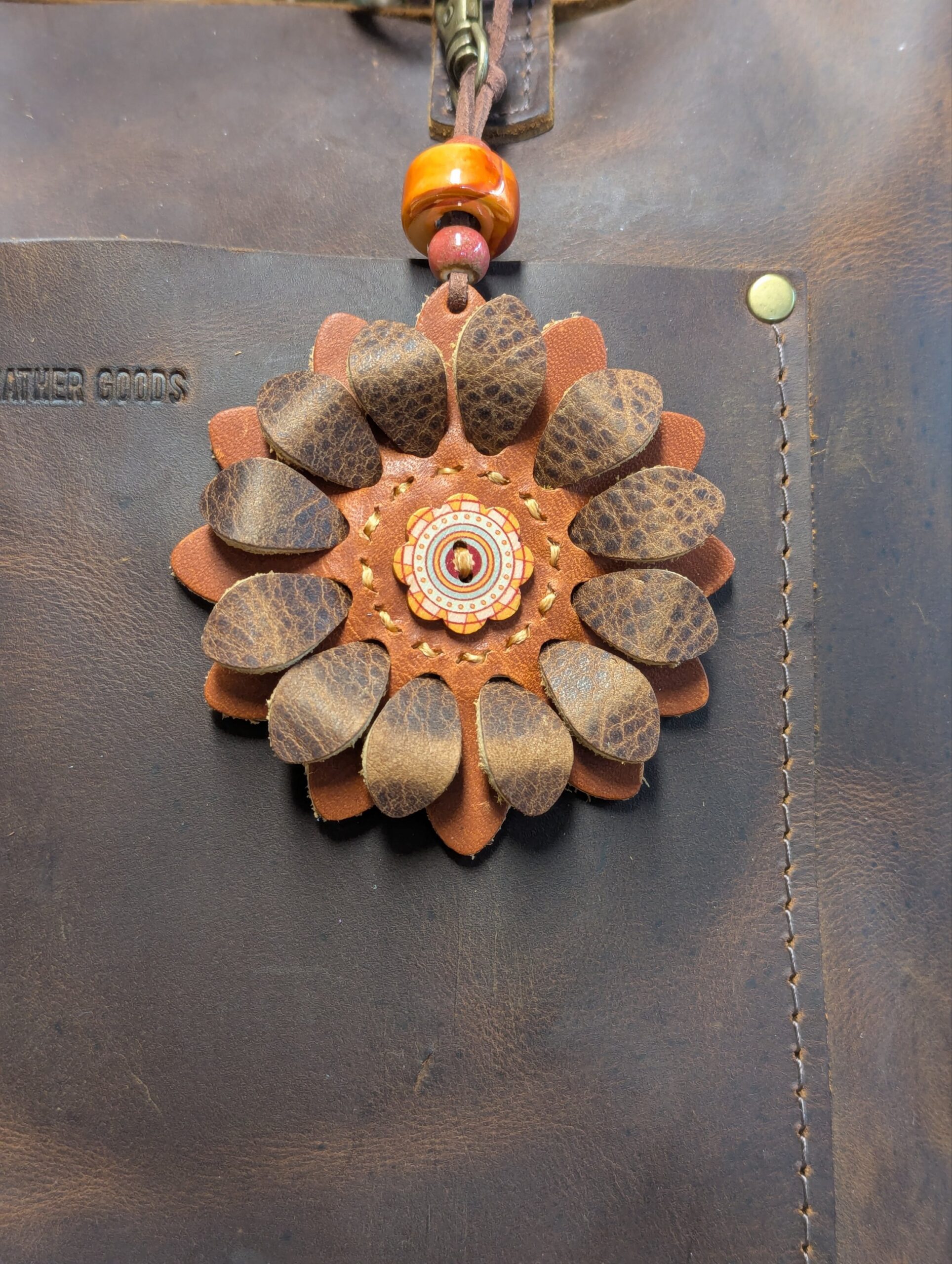 Flower Power Button Leather Purse Charm-#385