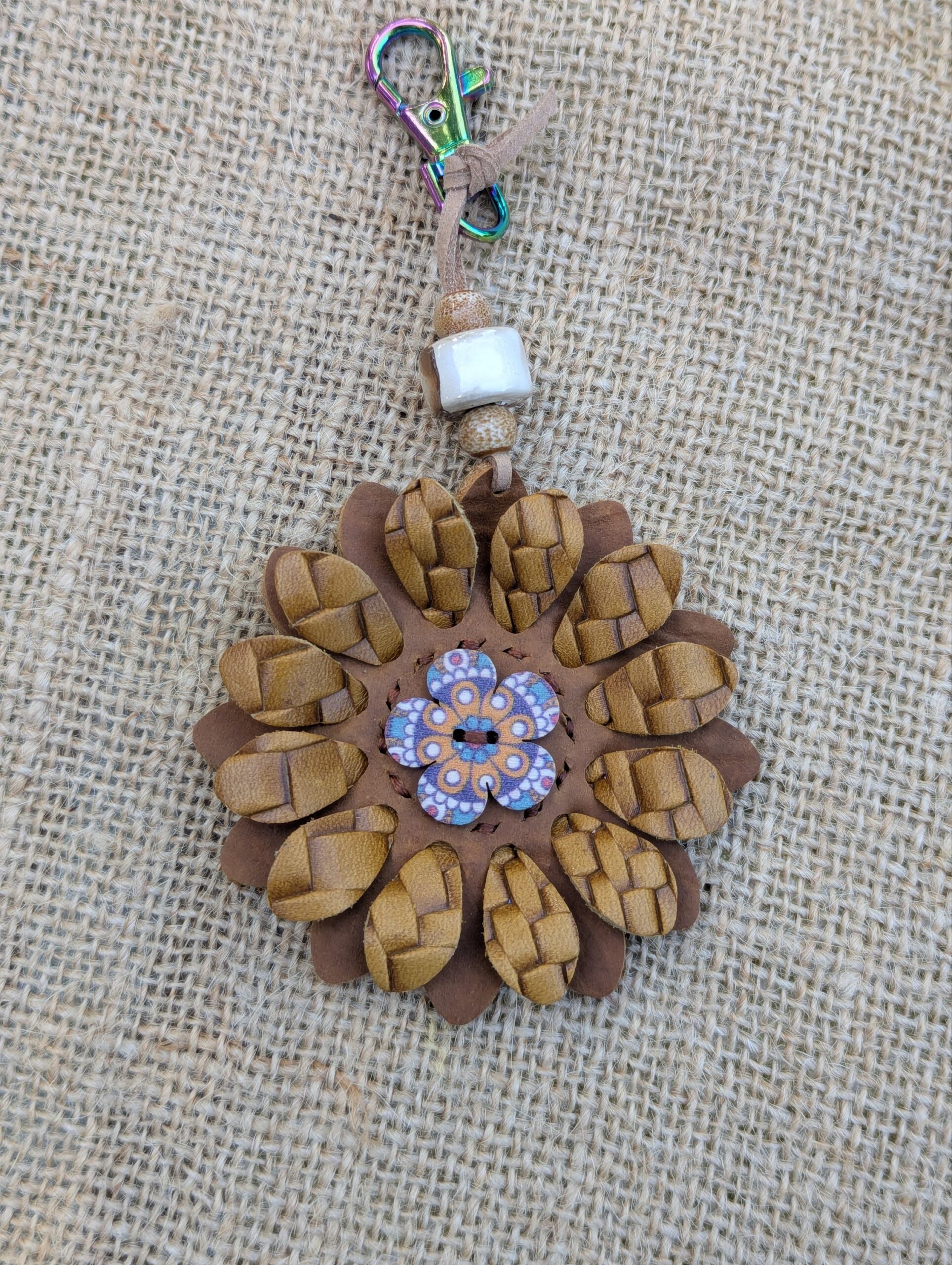 Flower Power Button Leather Purse Charm-#399