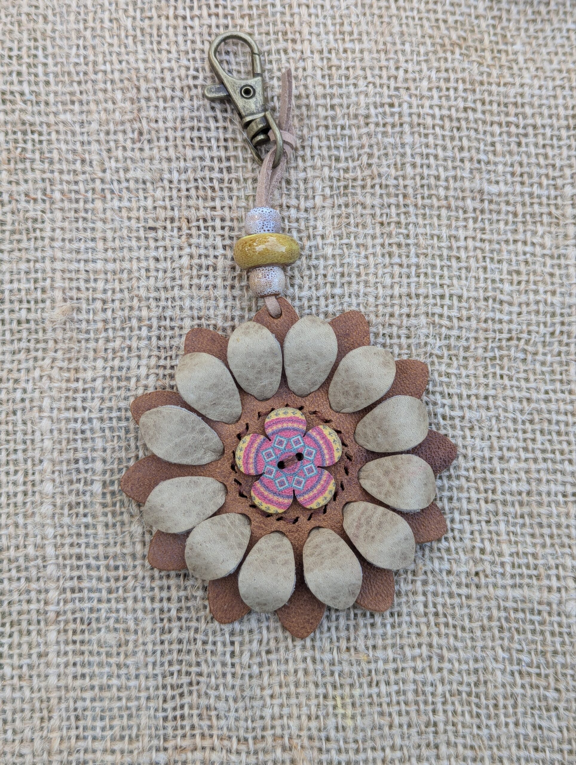 Flower Power Button Leather Purse Charm-#410