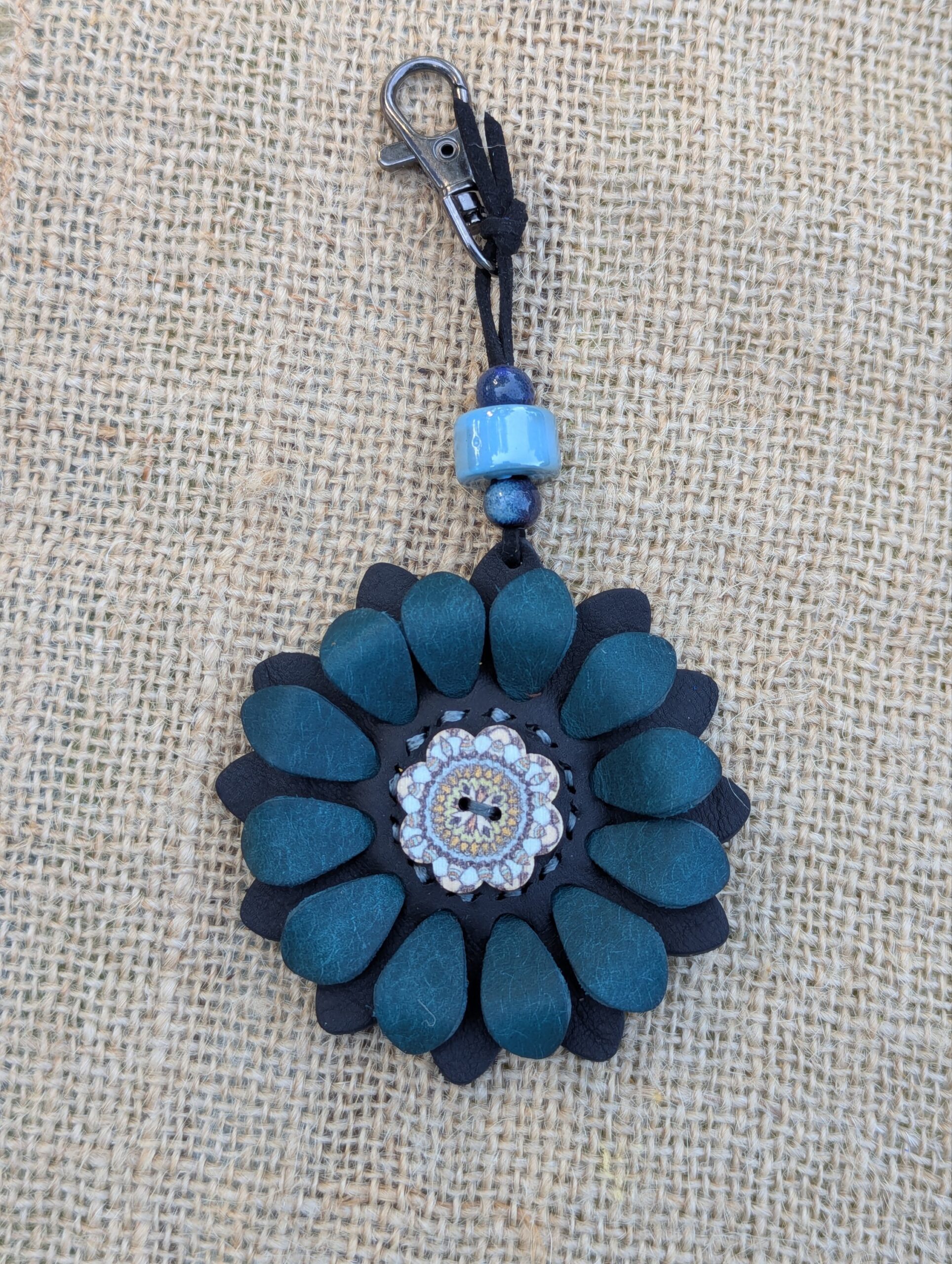 Flower Power Button Leather Purse Charm-#421