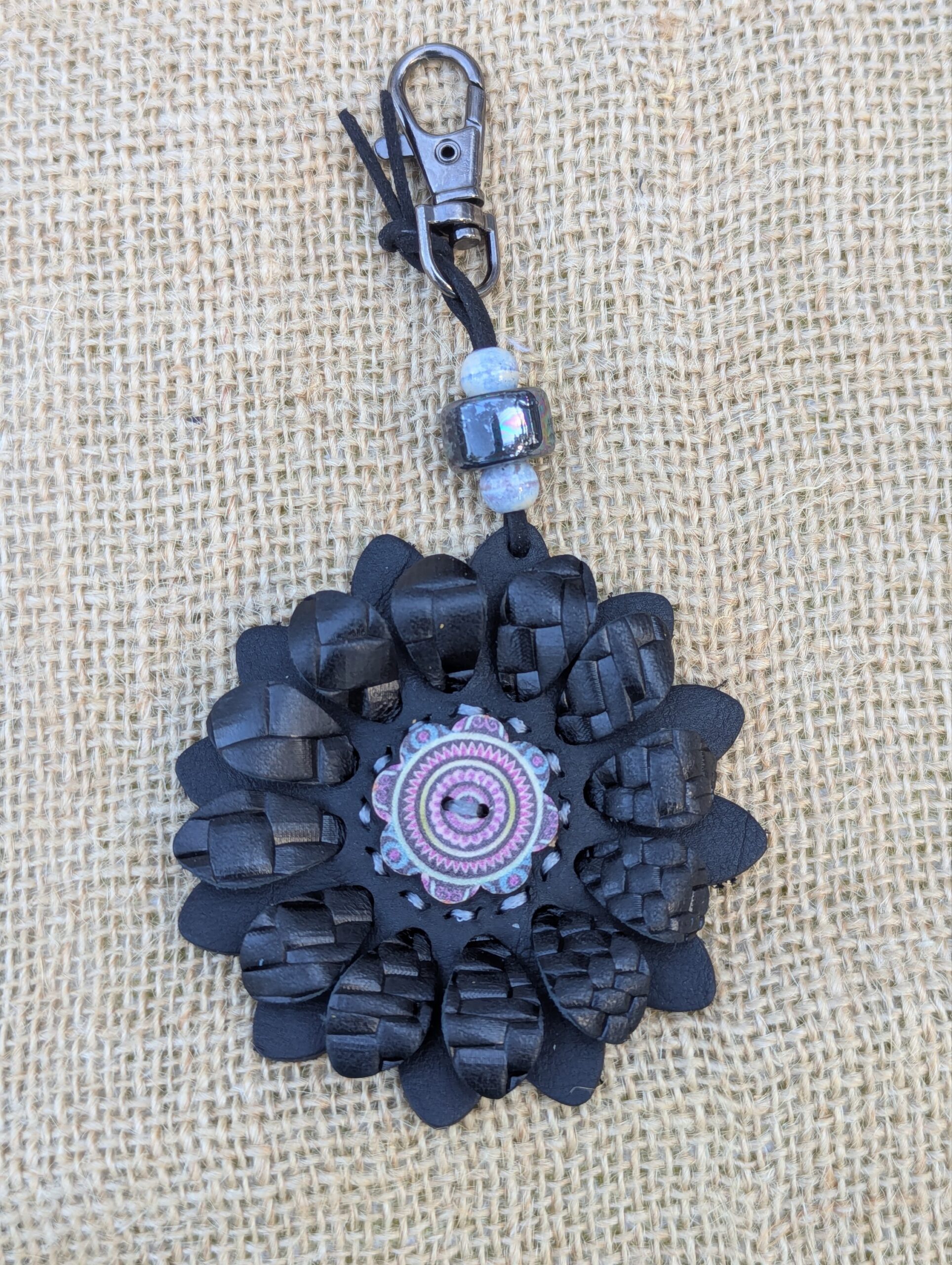 Flower Power Button Leather Purse Charm-#402