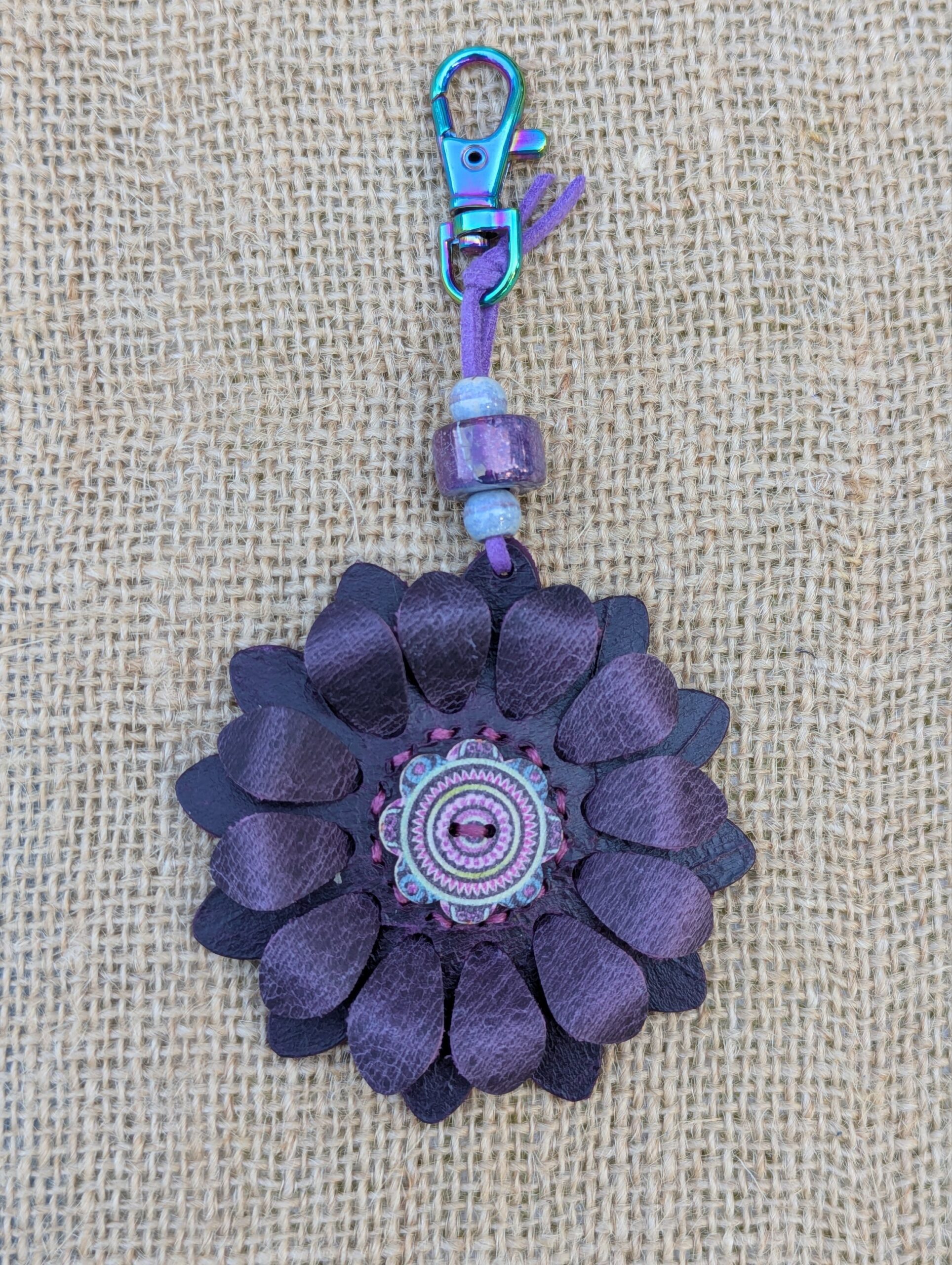 Flower Power Button Leather Purse Charm-#414