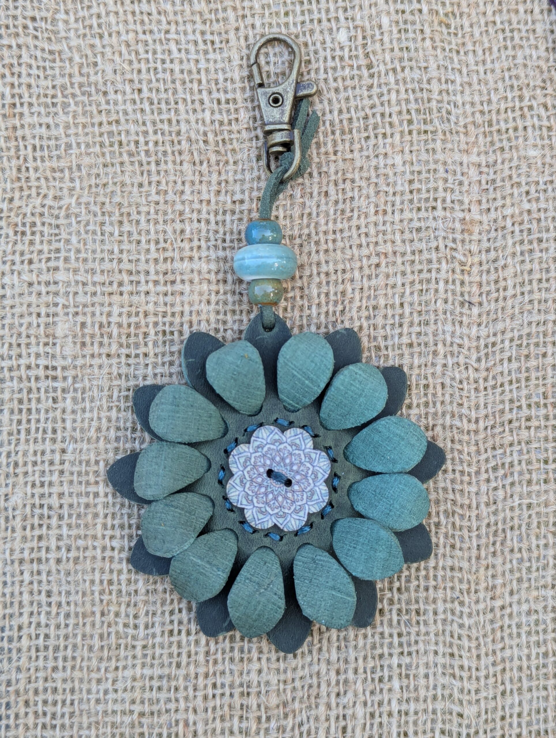 Flower Power Button Leather Purse Charm-#396