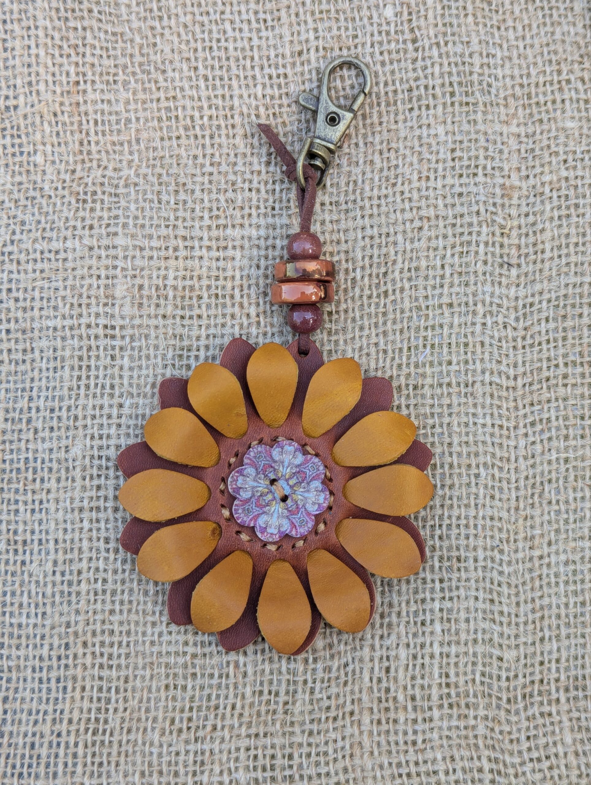 Flower Power Button Leather Purse Charm-#420