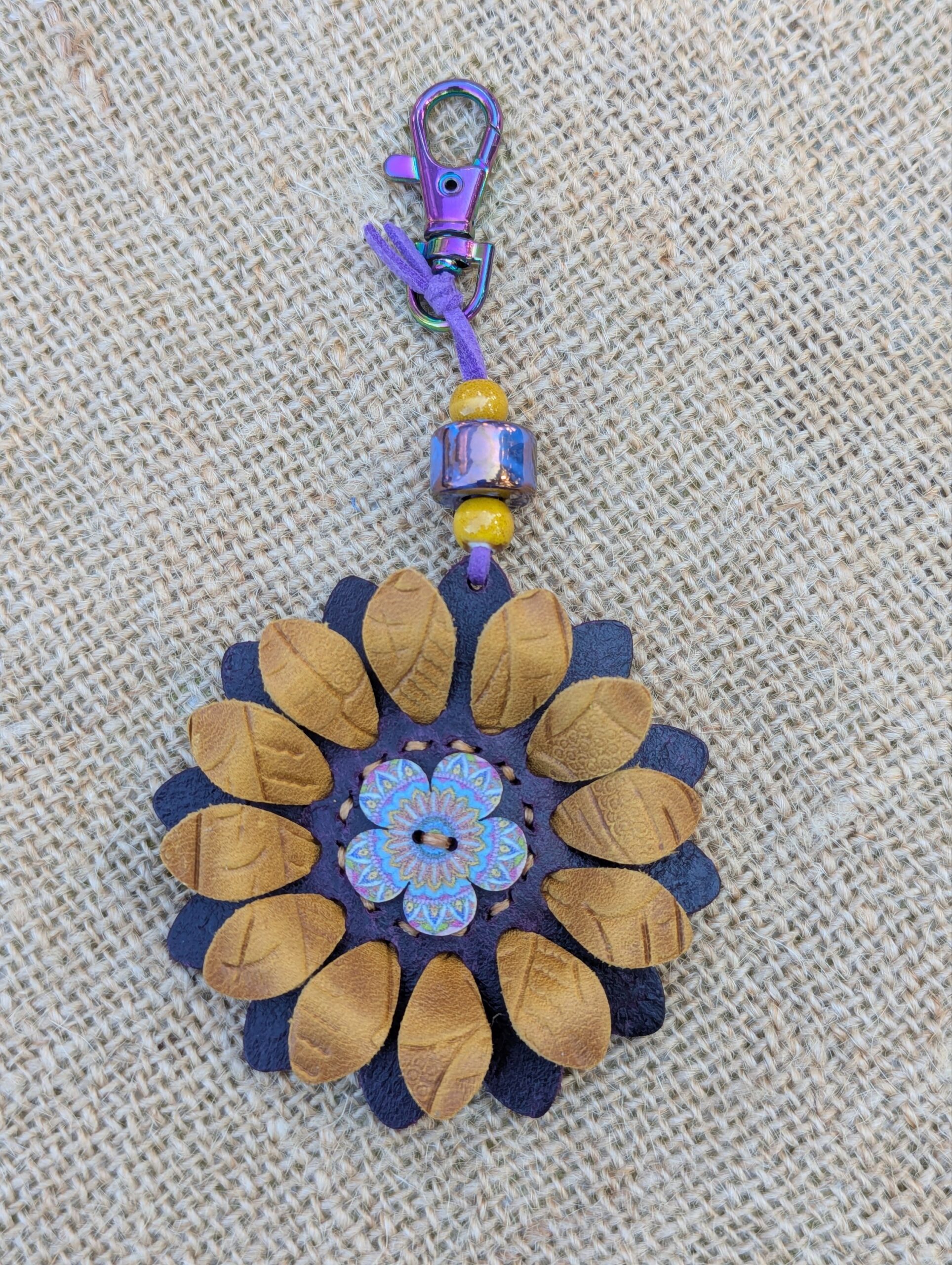 Flower Power Button Leather Purse Charm-#418