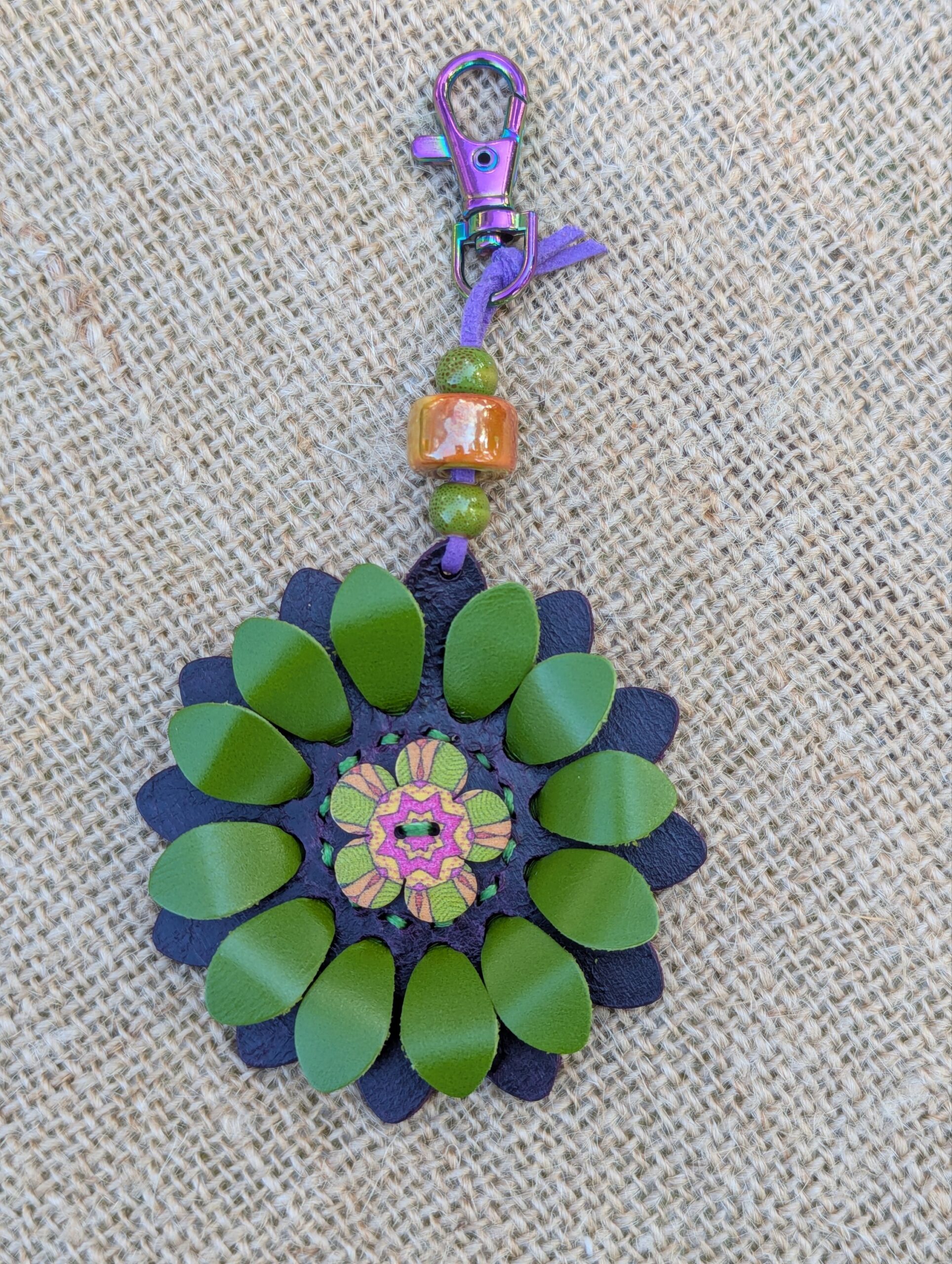 Flower Power Button Leather Purse Charm-#411