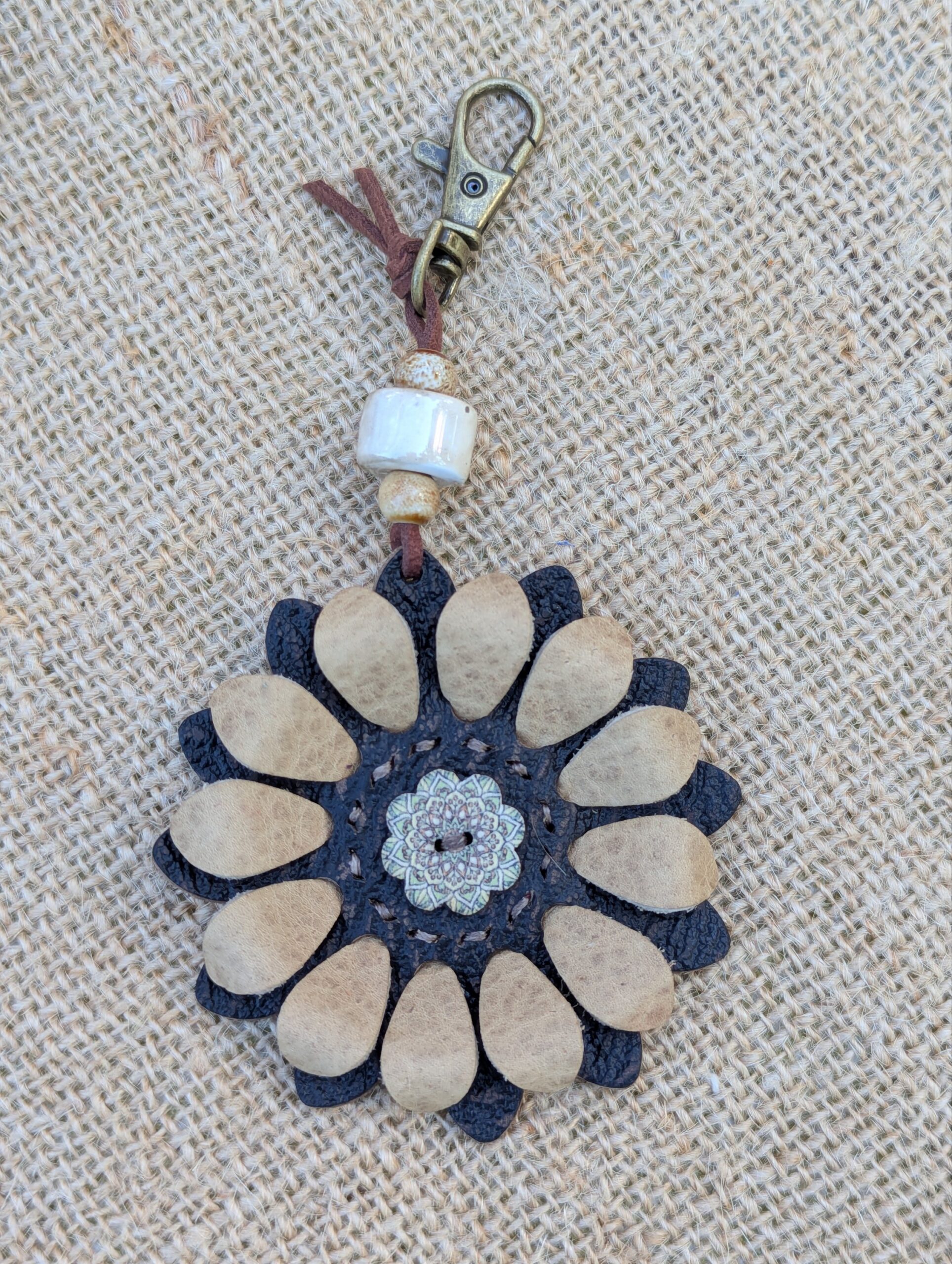 Flower Power Button Leather Purse Charm-#397