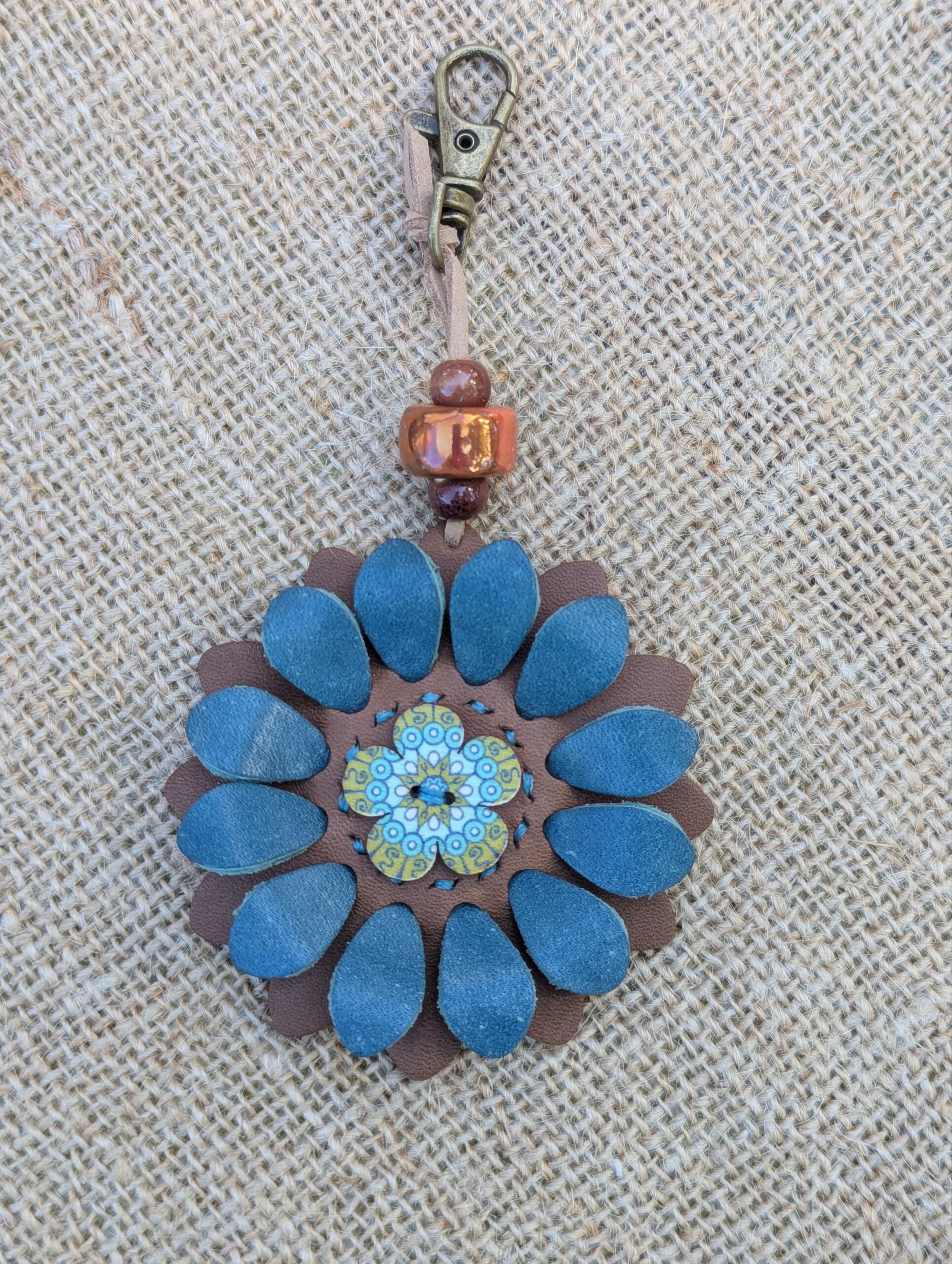 Flower Power Button Leather Purse Charm-#407