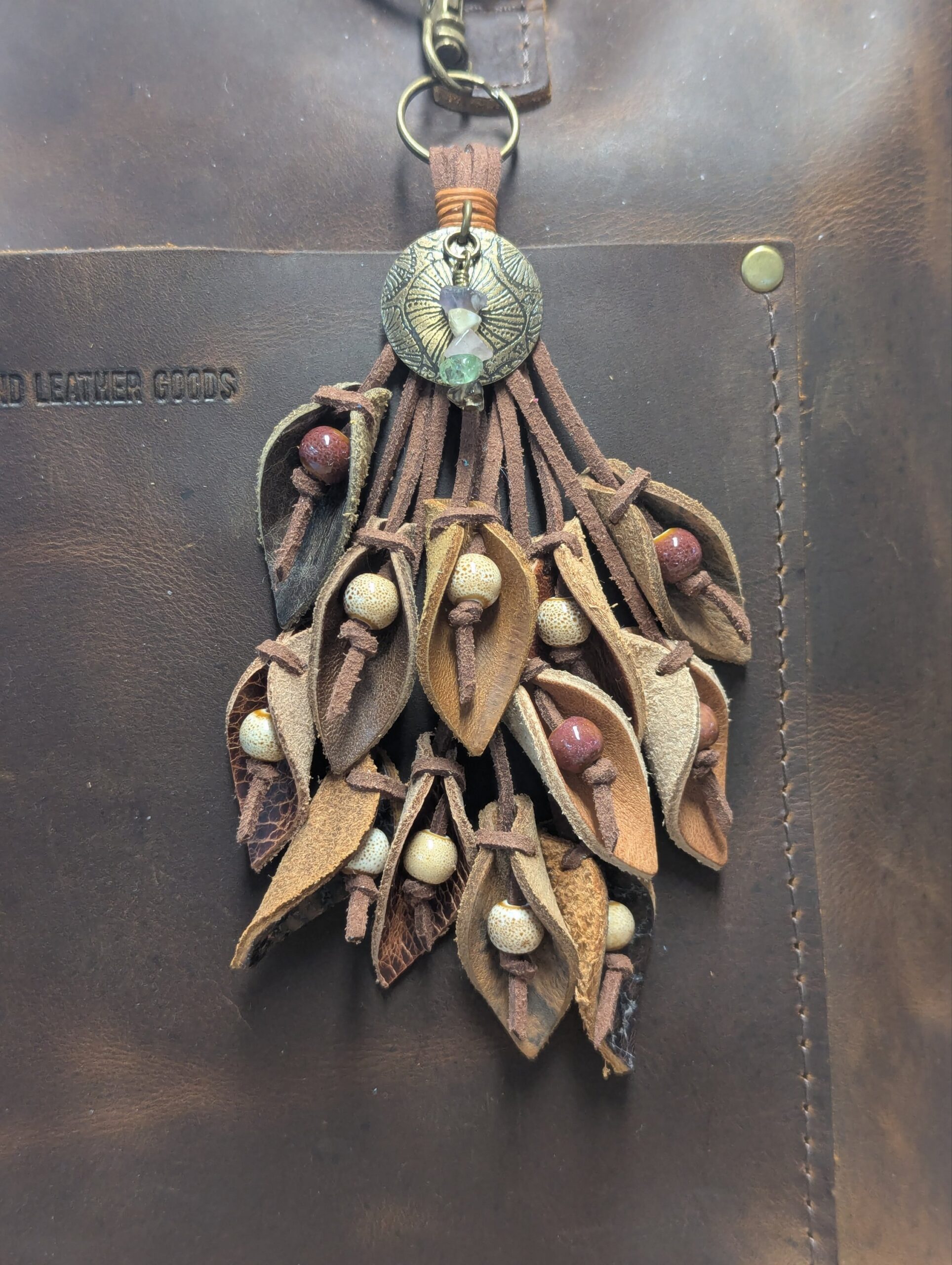 Lovely Hand Etched Bronze Pendant and Leather Lilies Purse Charm-#436