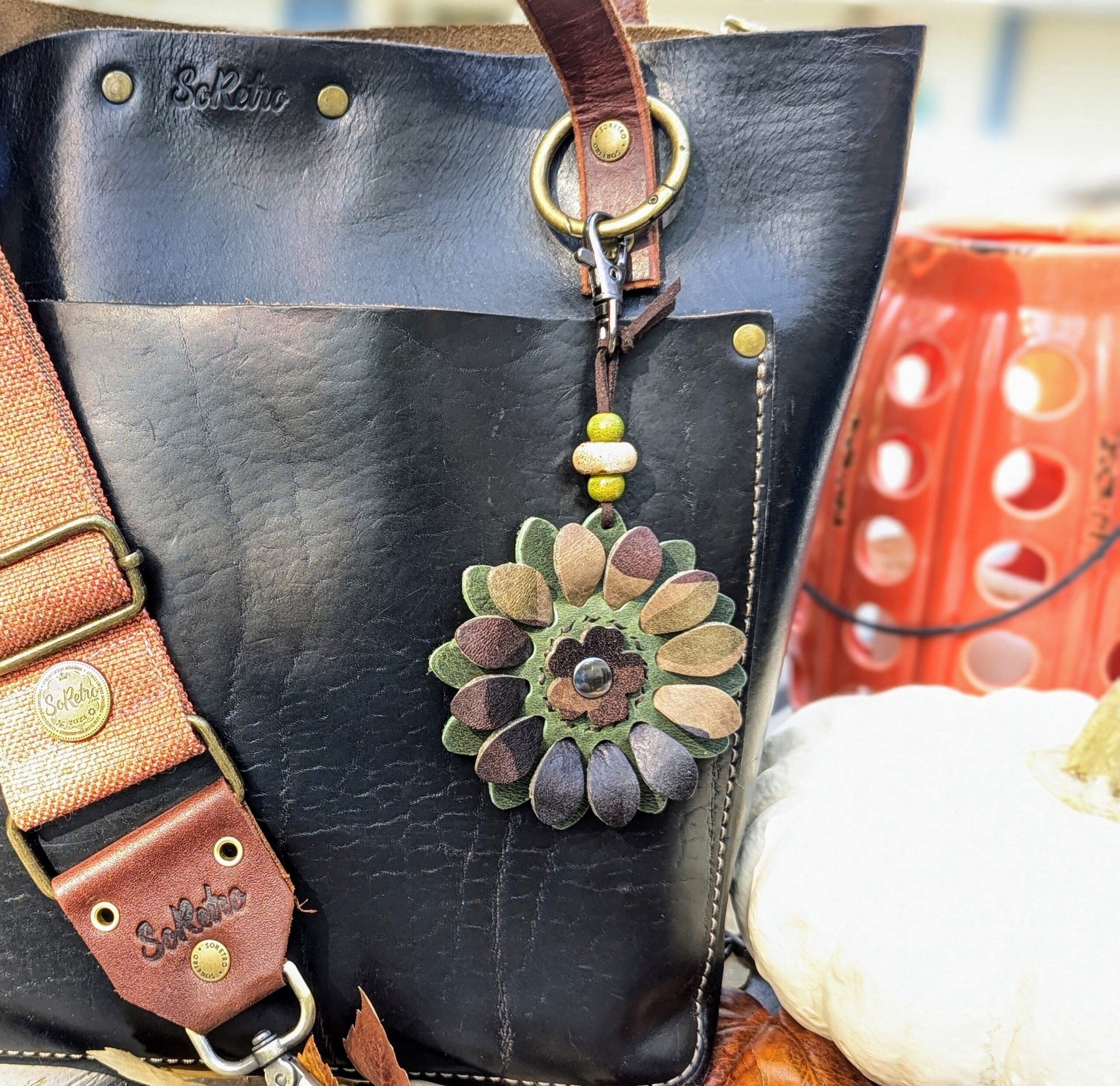 Flower Power Leather Purse Charm-#473
