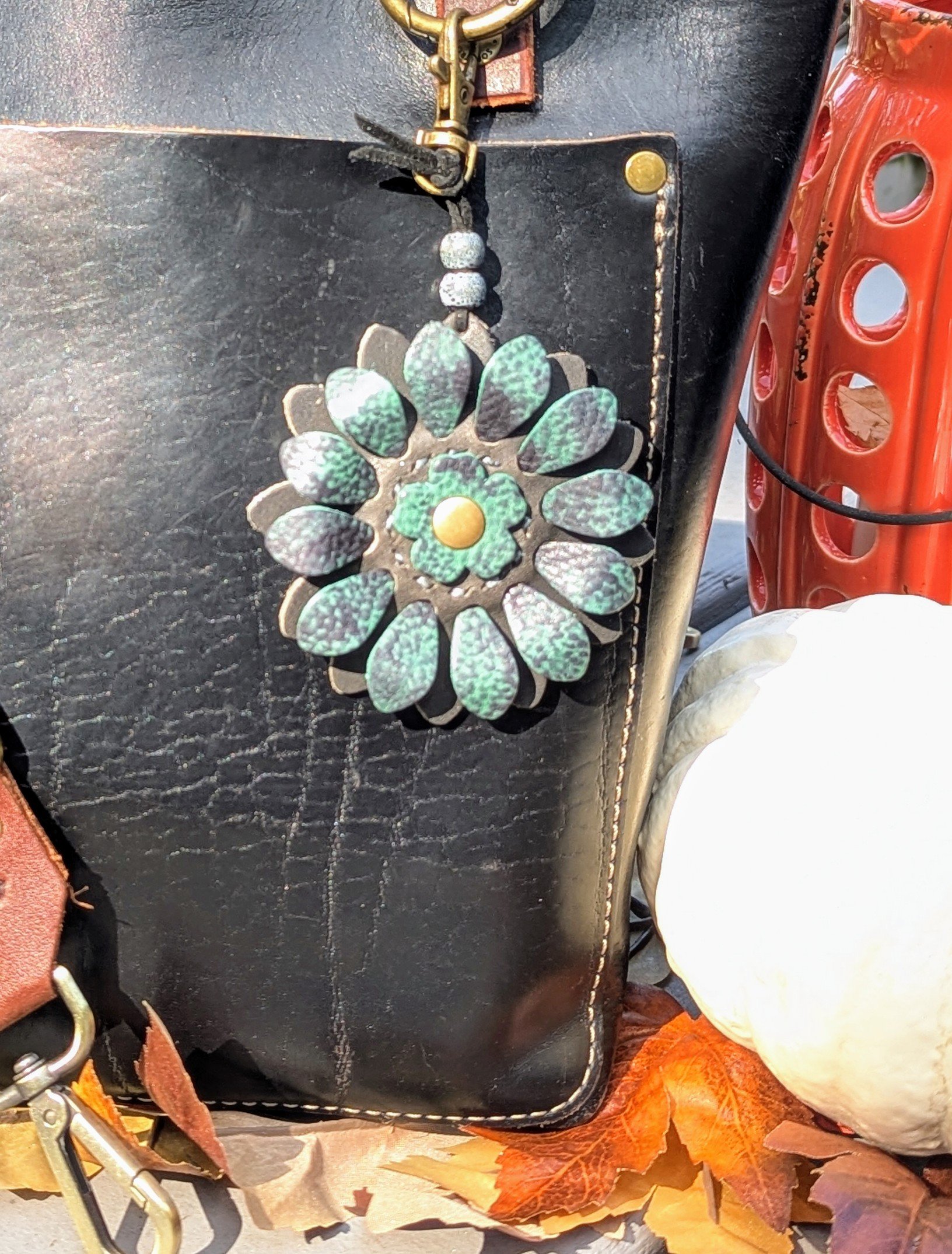 Flower Power Leather Purse Charm-#472