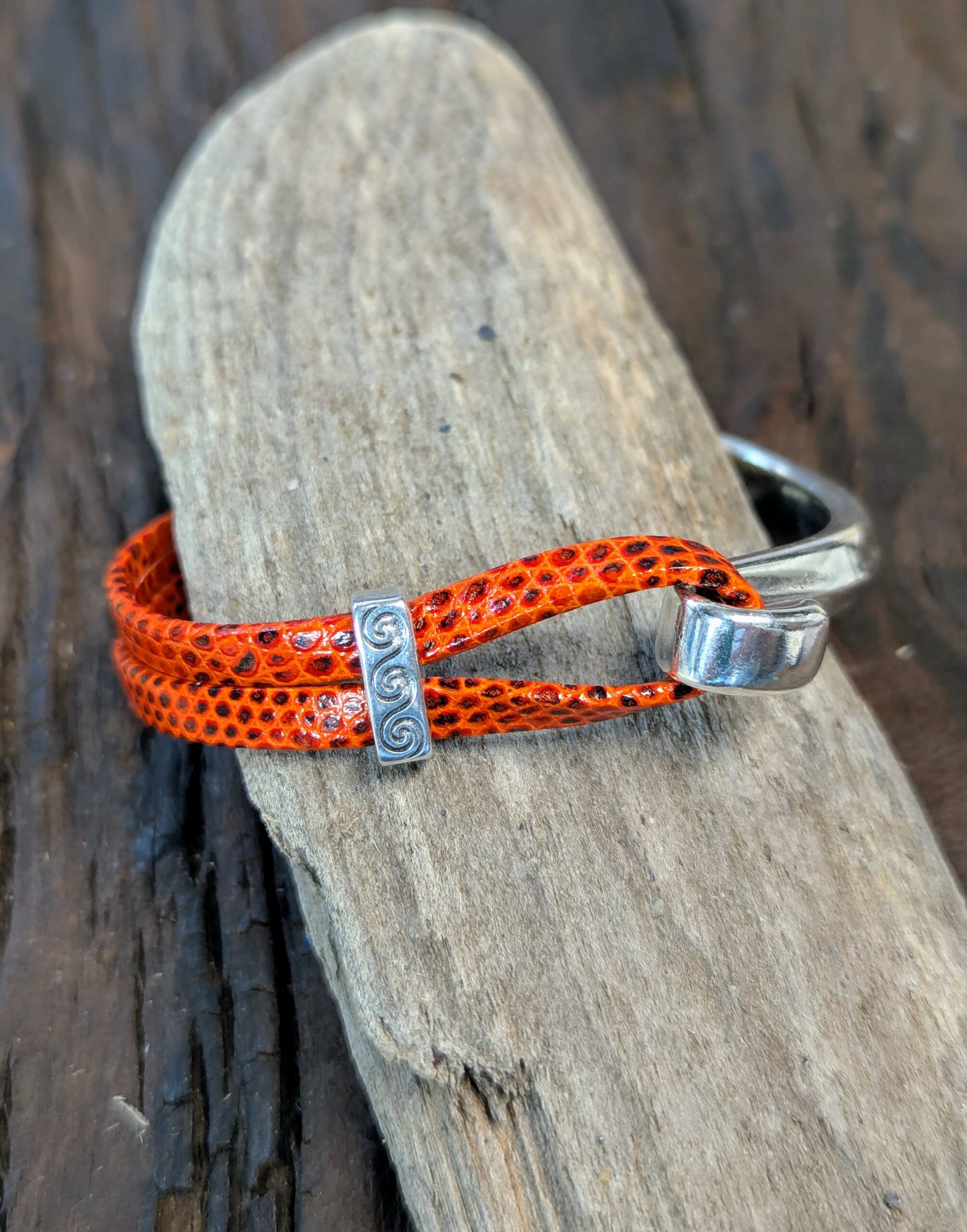 Boho Half Cuff Orange Lizard Flat Leather Bracelet and Slide