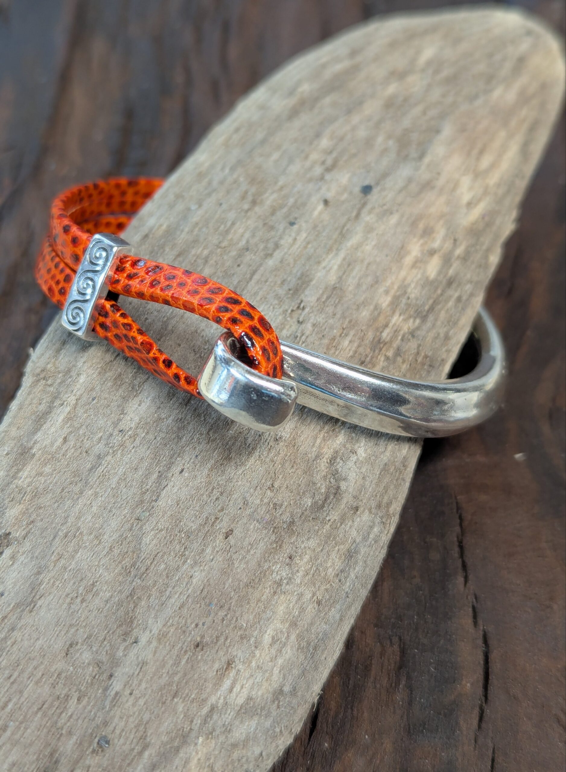 Boho Half Cuff Orange Lizard Flat Leather Bracelet and Slide - Image 2