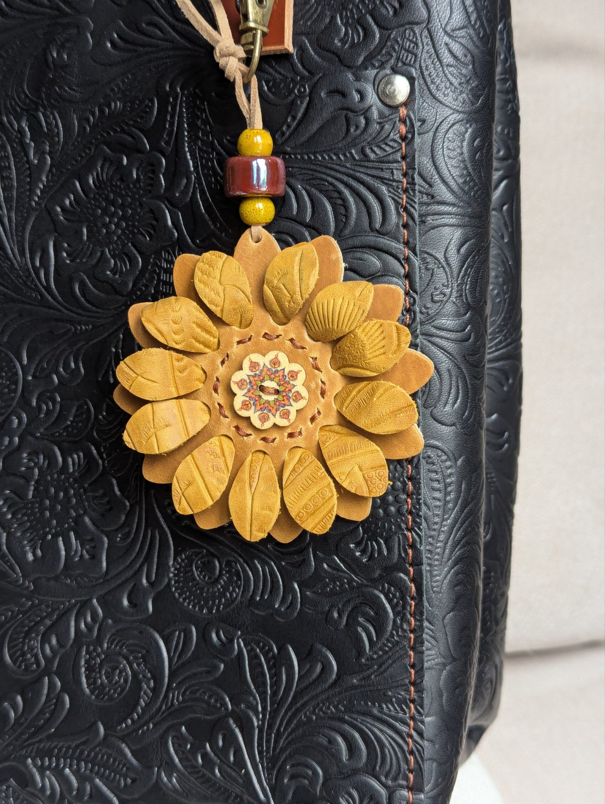 Flower Power Button Leather Purse Charm-#491