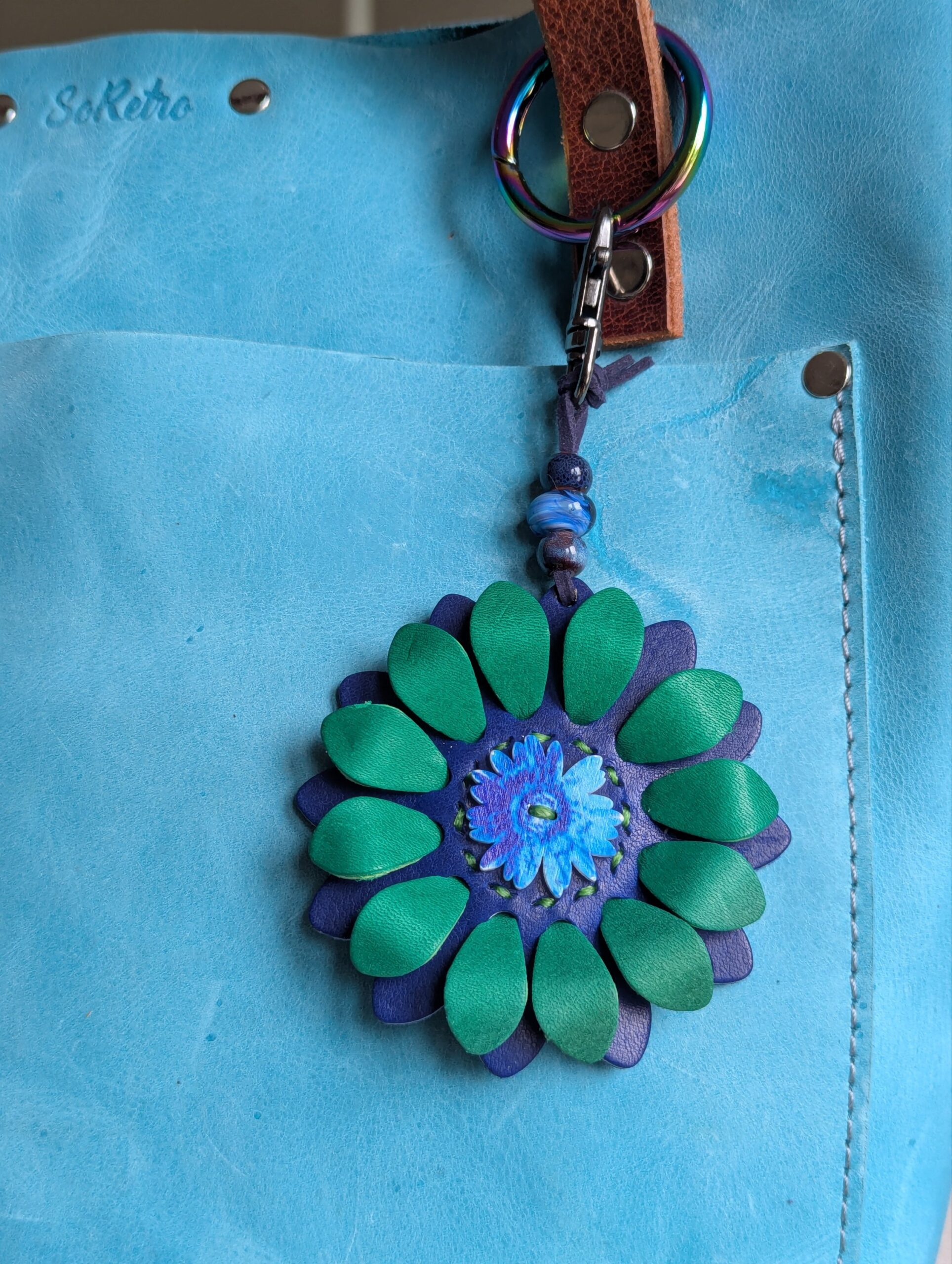 Flower Power Button Leather Purse Charm-#488