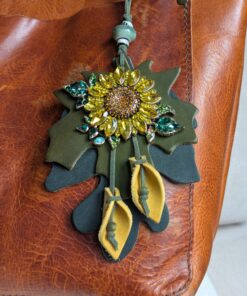 Sunflower & Leather Leaves Purse Charm-#485