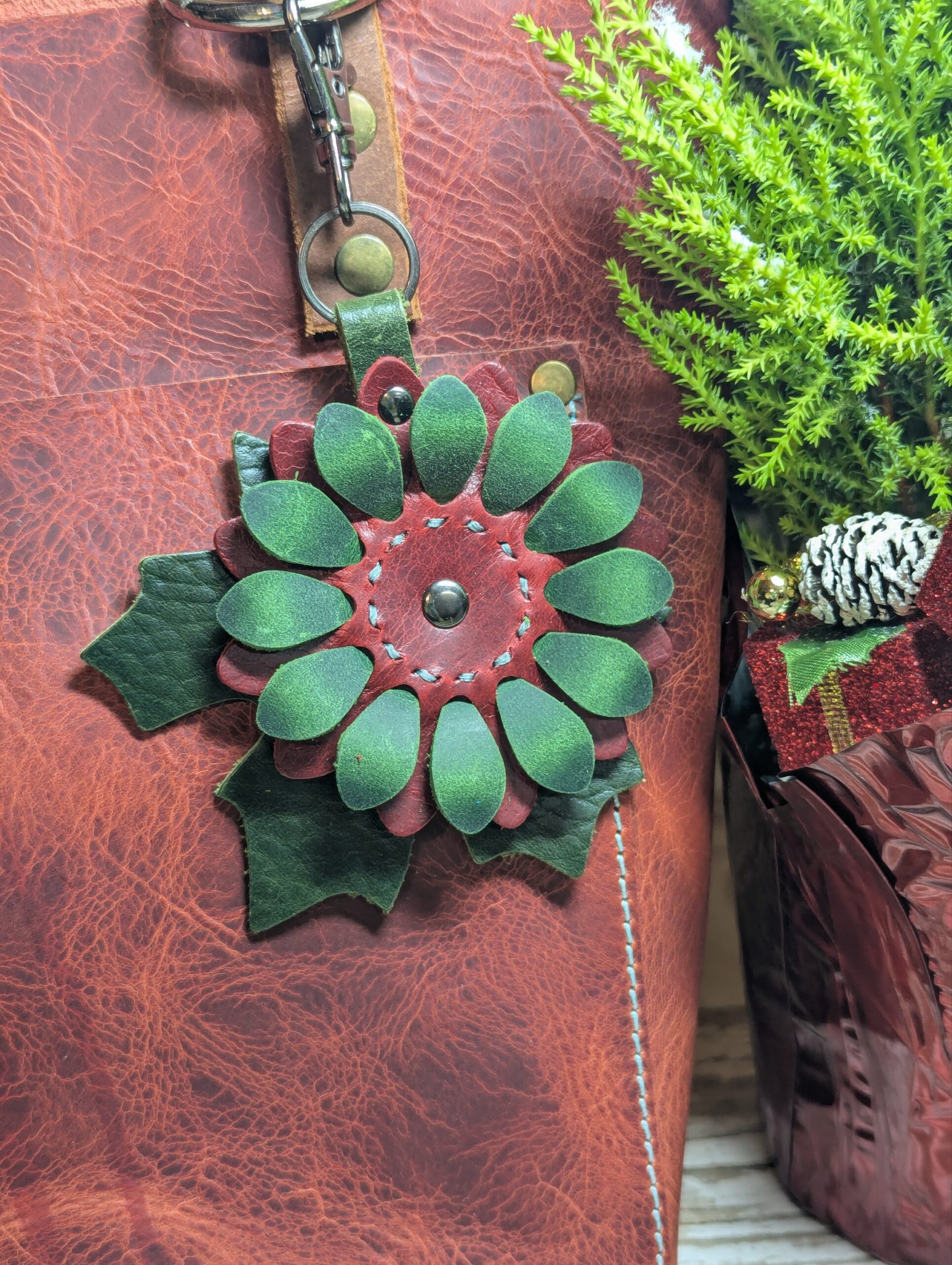 Christmastime Flower Power Leather Purse Charm-#518