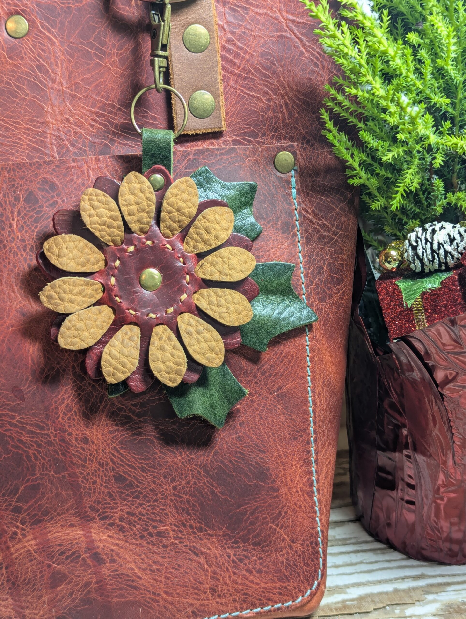 Christmastime Flower Power Leather Purse Charm-#516