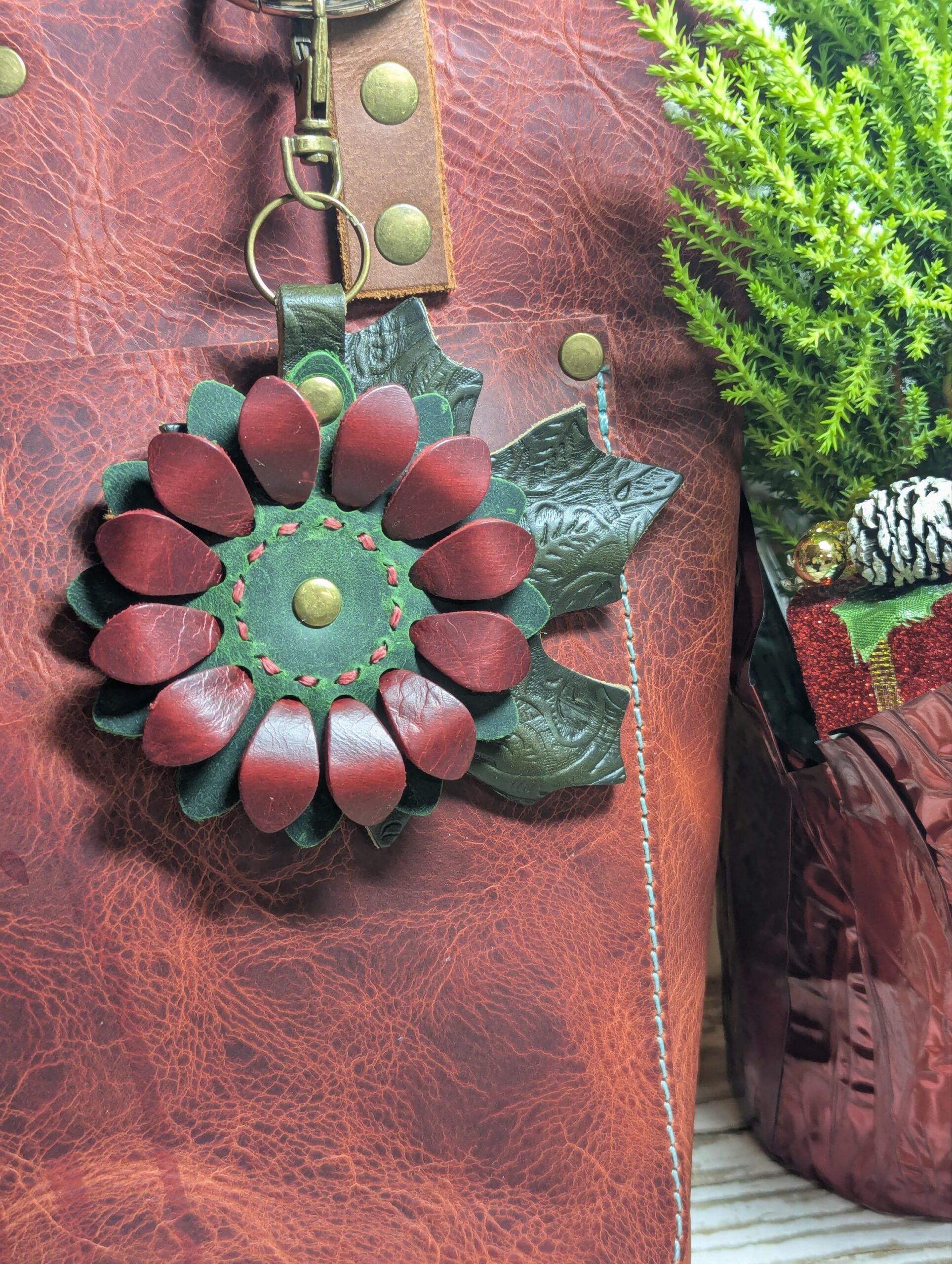 Christmastime Flower Power Leather Purse Charm-#517