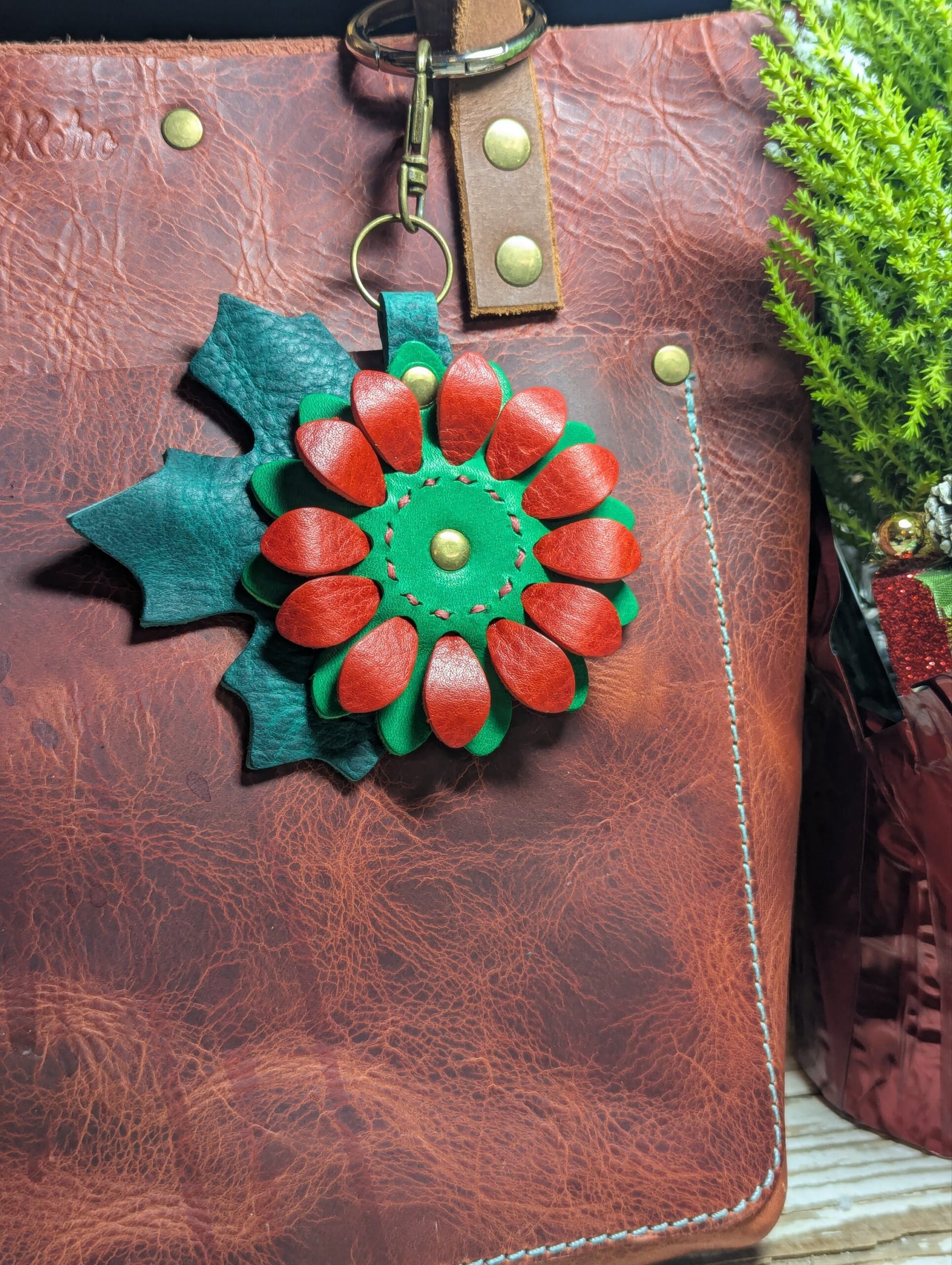 Christmastime Flower Power Leather Purse Charm-#515