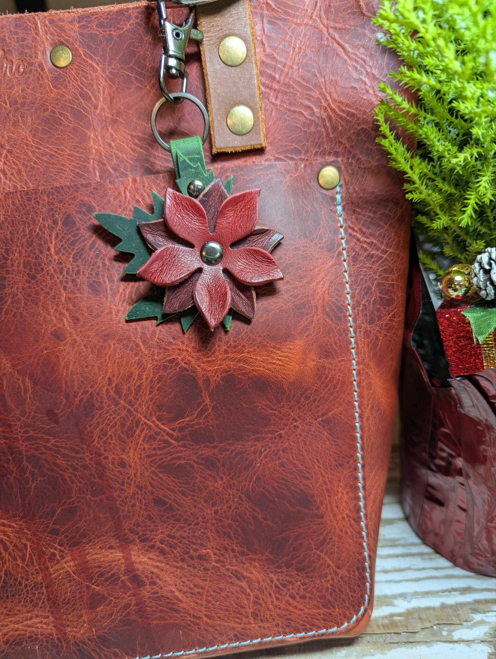 Christmastime Flower Leather Purse Charm-#514