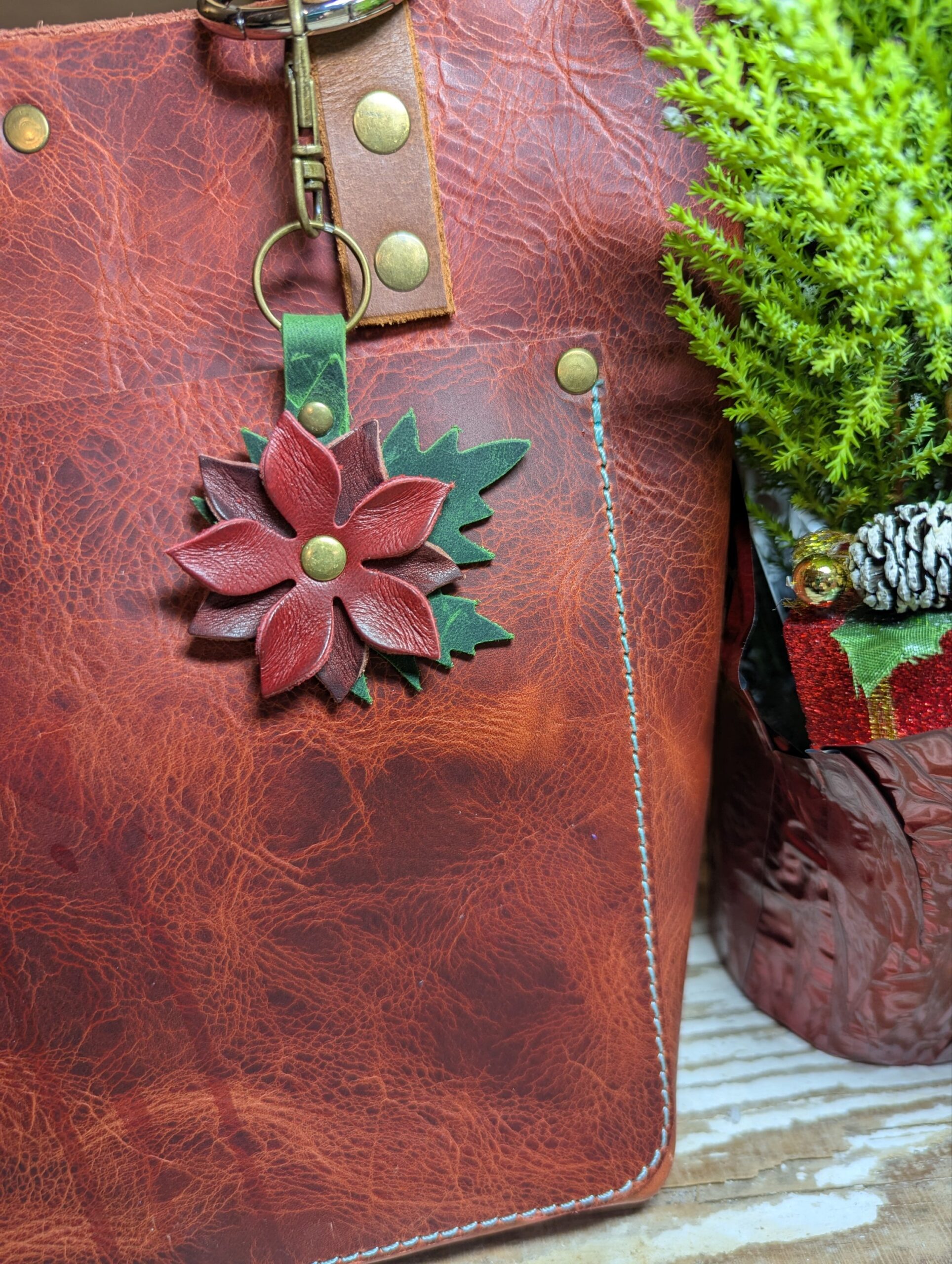 Christmastime Flower Leather Purse Charm-#513