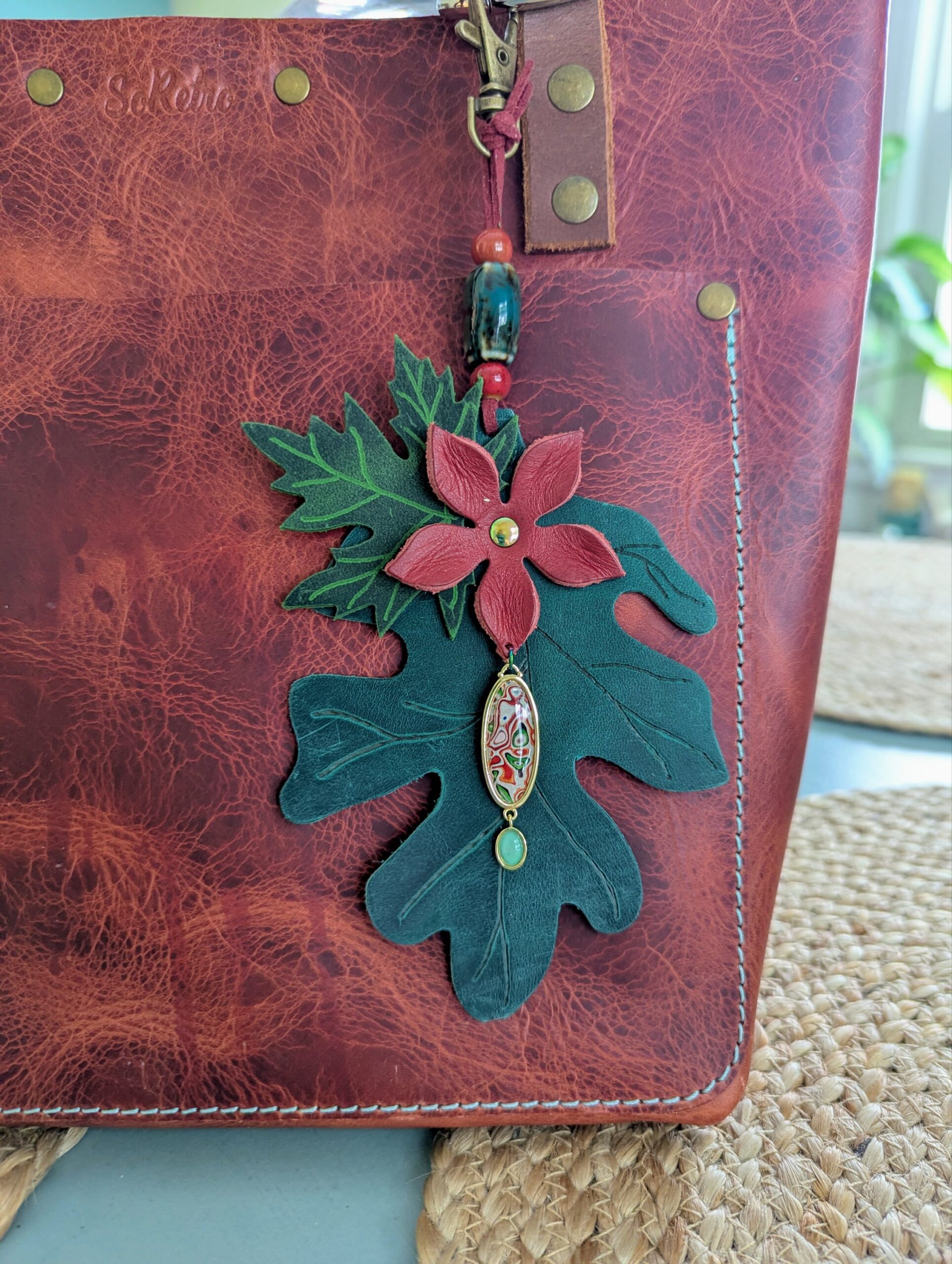 Christmastime Leather Leaves Purse Charm-#519