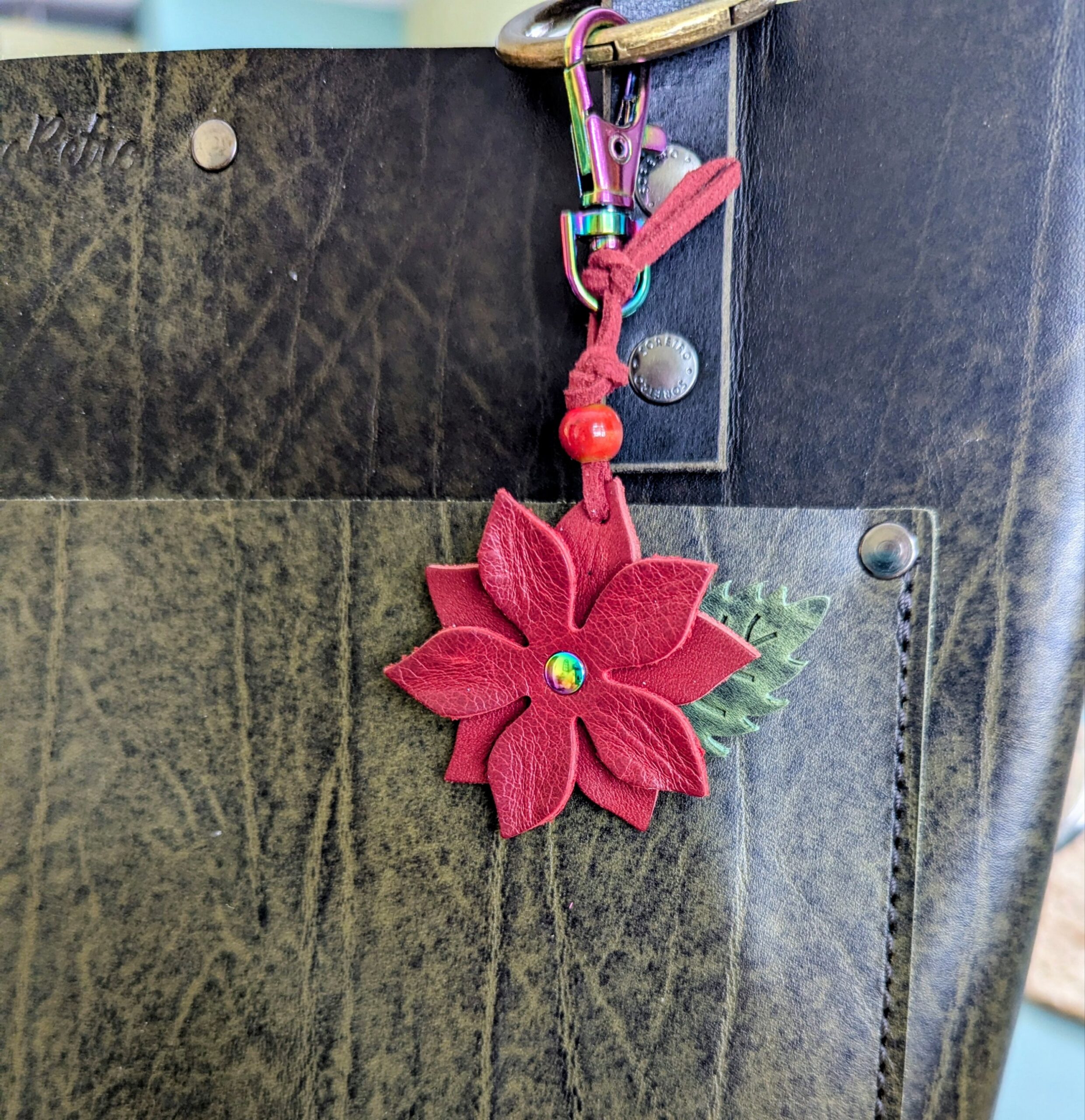 Christmastime Flower Leather Purse Charm-#529