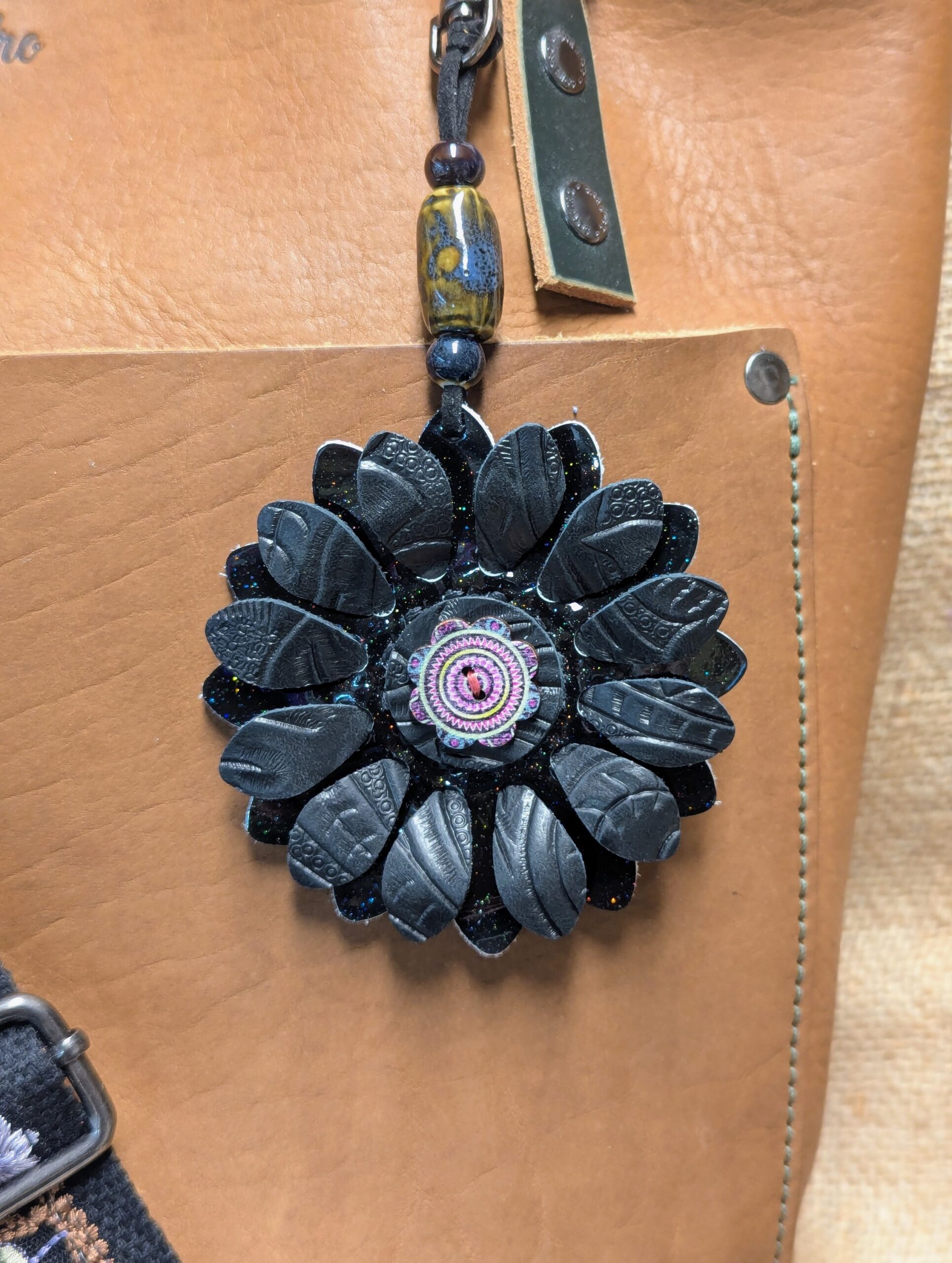 Flower Power Button Leather Purse Charm-#551