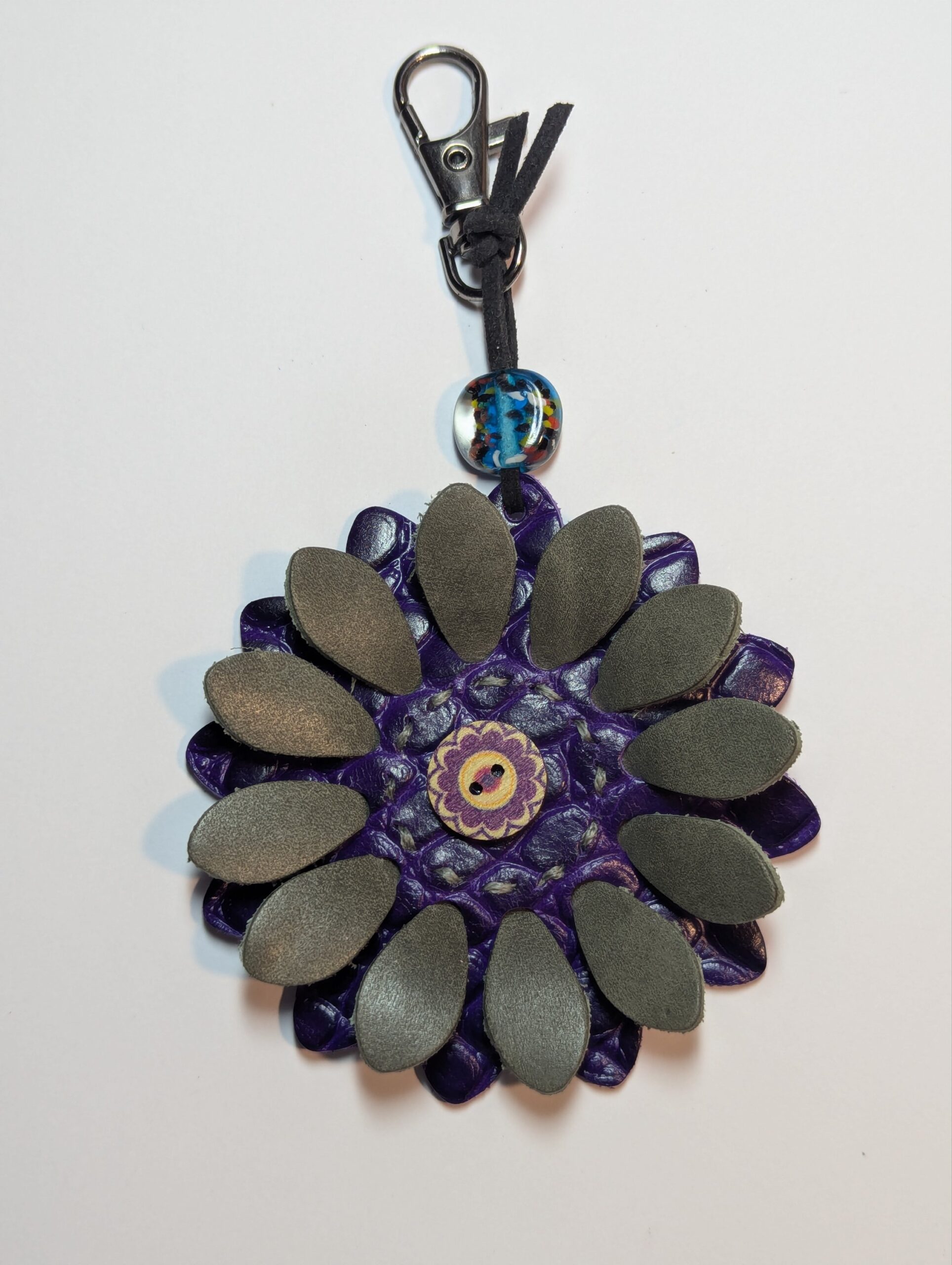 Flower Power Button Leather Purse Charm-#627