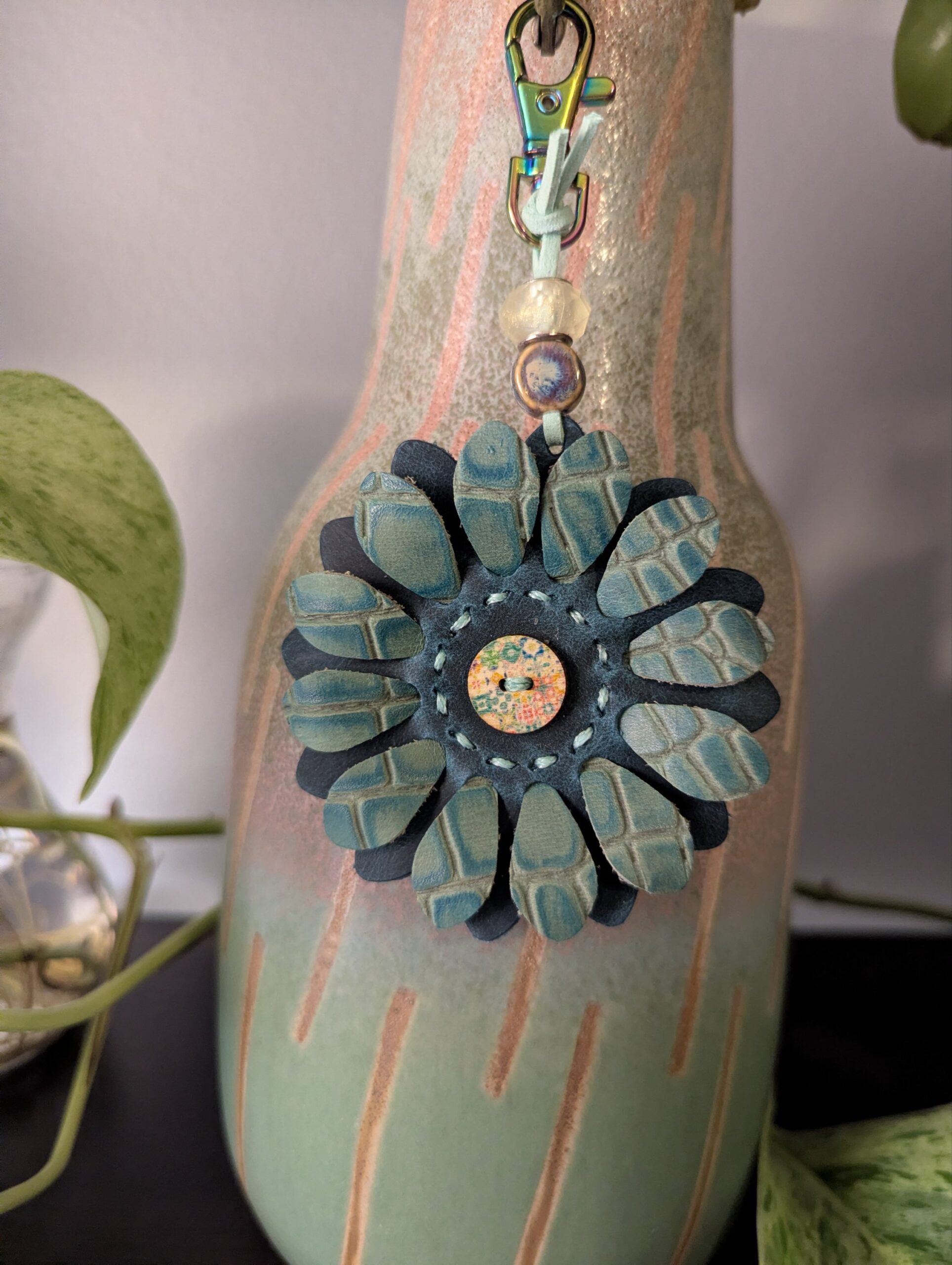 Flower Power Button Leather Purse Charm-#633