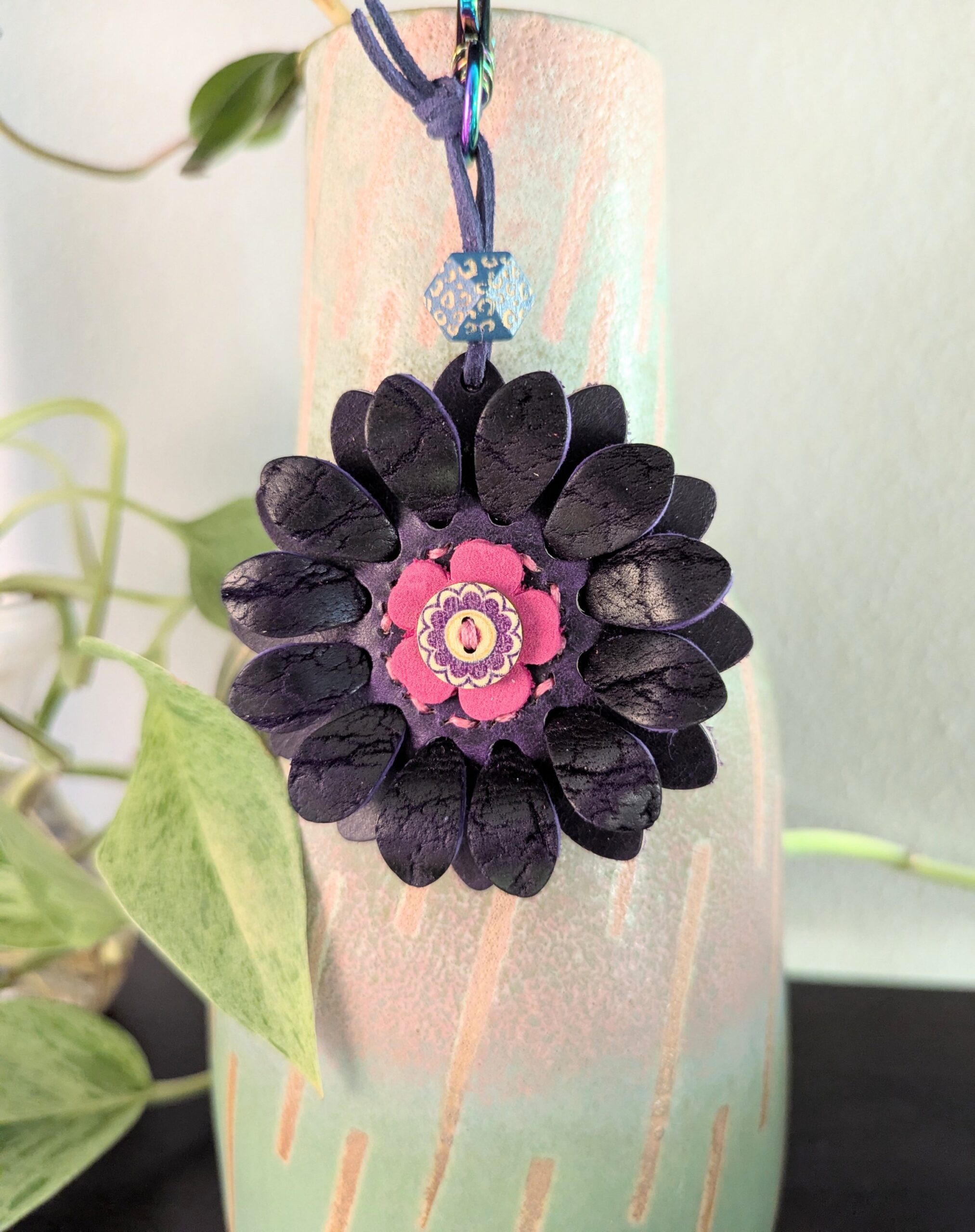 Flower Power Button Leather Purse Charm-#647