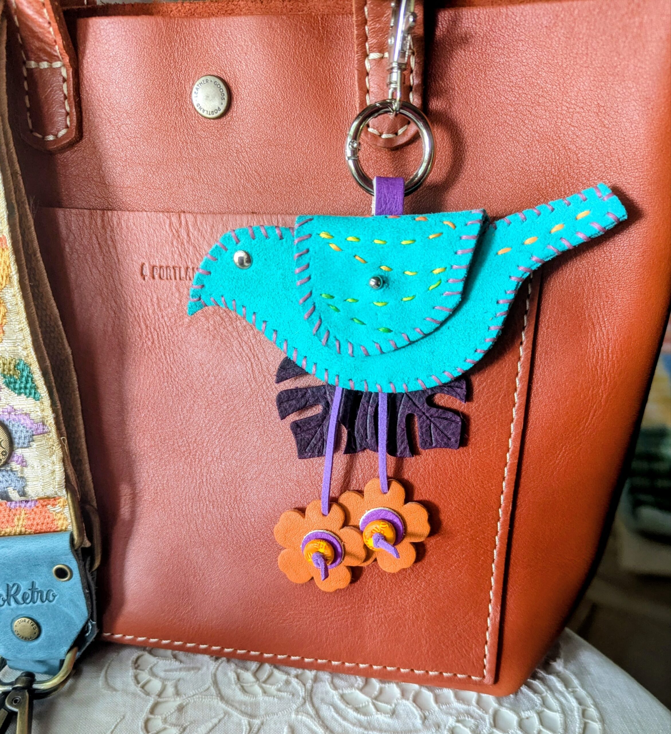 Hand Stitched Bird Coin Leather Purse Charm-#733