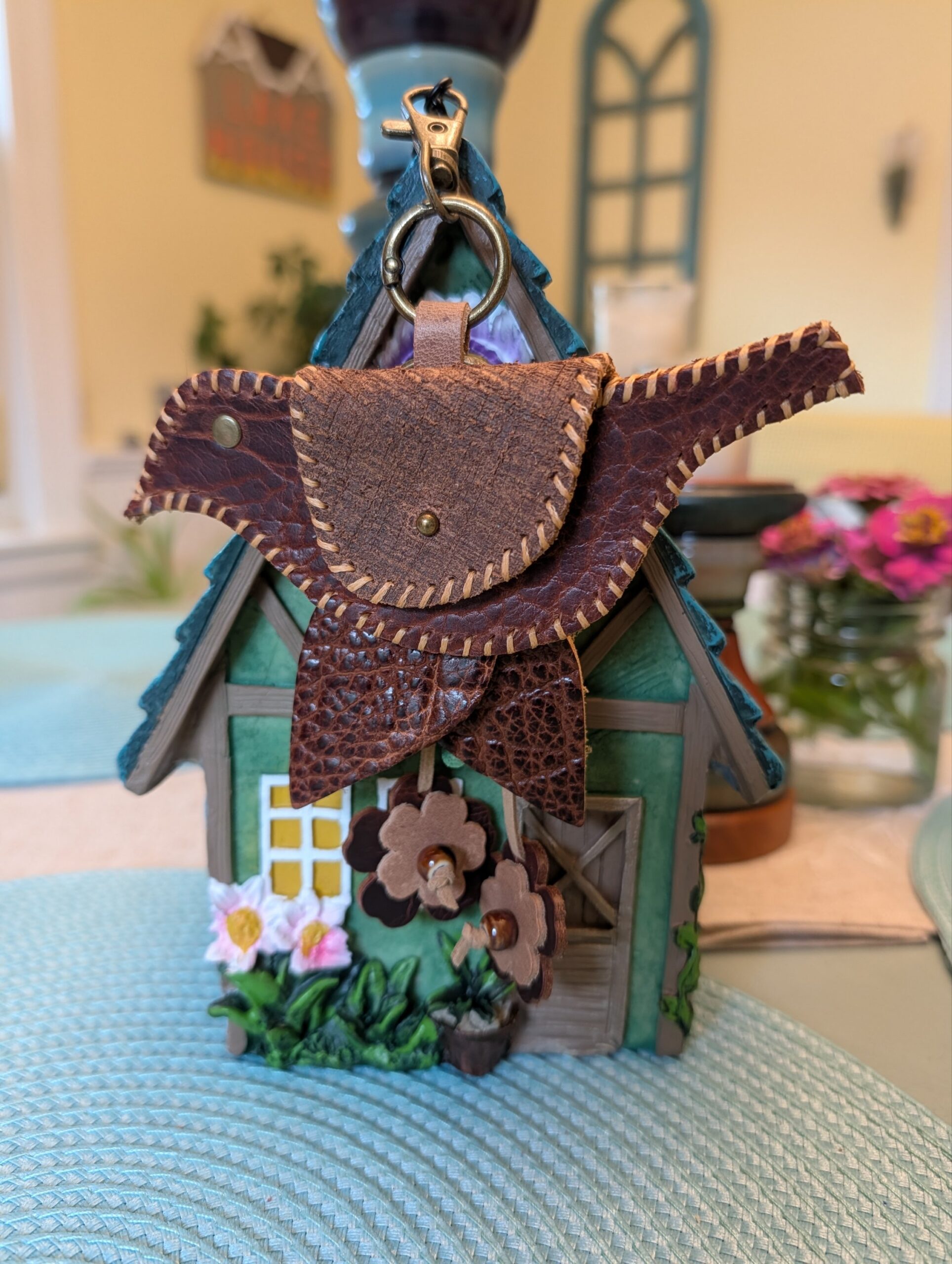 Hand Stitched Bird Coin Leather Purse Charm-#779